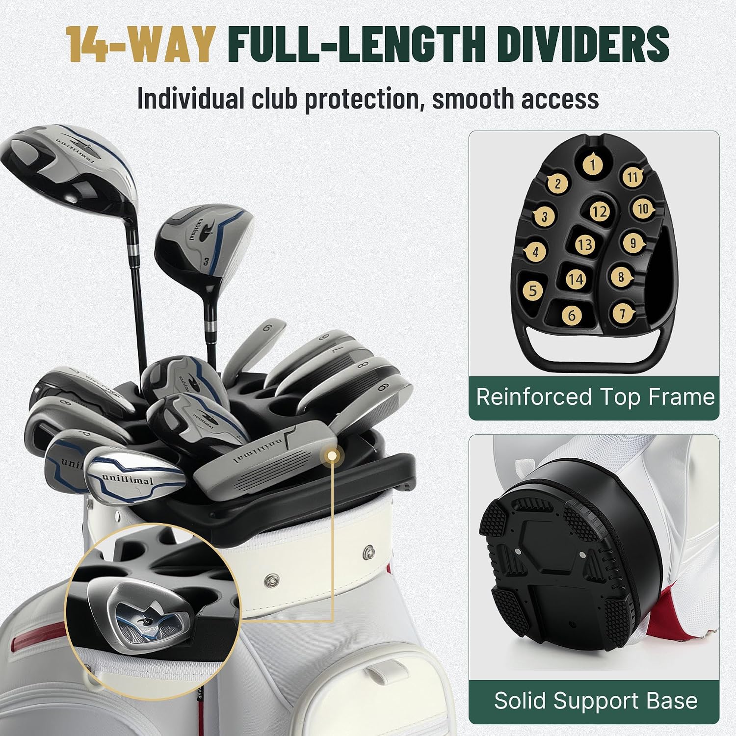 uniHimal Golf Cart Bag with 14-Way Full-Length Dividers, Golf Bag for Men Women with Magnetic Leather Pocket, Handles and Rain Cover, Lightweight Golf Club Bag Includes Cooler Pockets