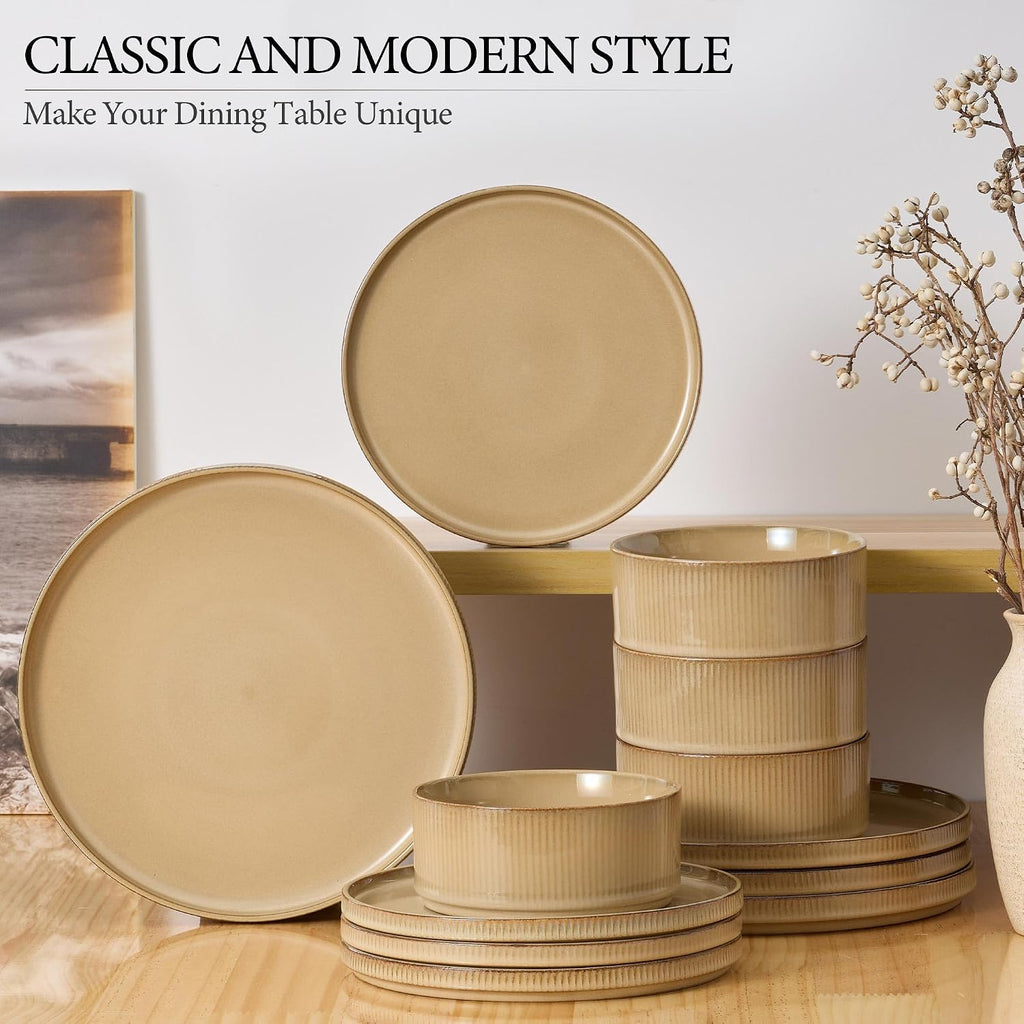 E-far 24-Piece Stoneware Dinnerware Sets, Plates and Bowls Sets for 8, Kitchen Modern Dinning Porcelain Dishes Set, Chip & Scratch Resistant, Dishwasher & Microwave Safe, Caramel Khaki