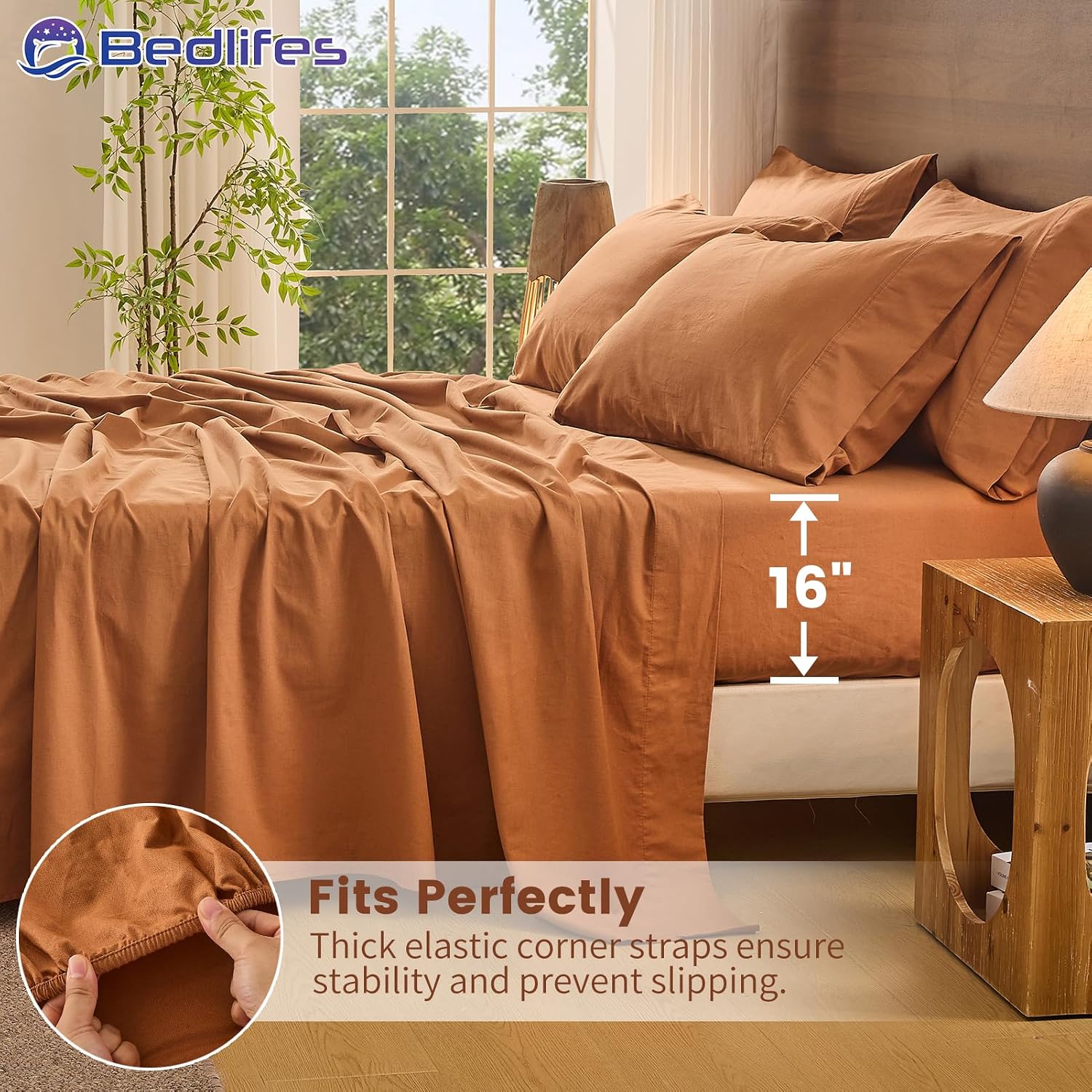 Bedlifes 100% French Pure Linen Sheets Queen Size Breathable and Cooling Flax Sheet Set Soft Durable and Moisture Wicking 16 Inch Deep Pocket-4 Piece(Queen,Brown)