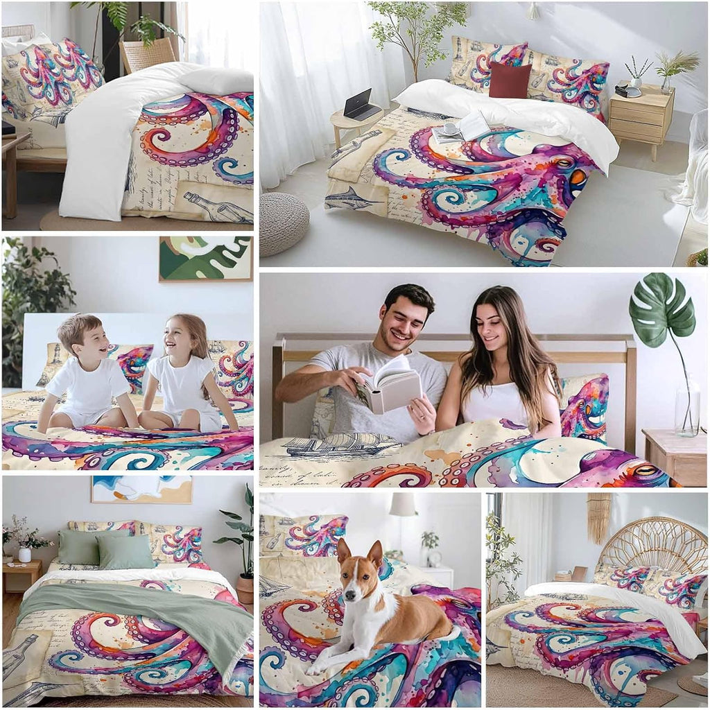 Prime Leader Pink Blue Octopus Duvet Cover Set Queen Size 4 Pieces Watercolor Octopus Newspaper Texture Bedding Set with Zipper Closure, 1 Comforter Cover 86x86 Inches 1 Flat Sheet & 2 Pillow Cases