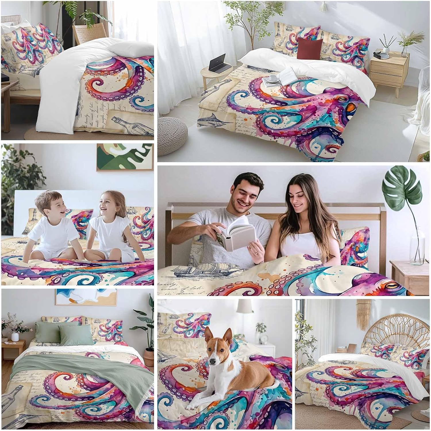 Prime Leader Pink Blue Octopus Duvet Cover Set Queen Size 4 Pieces Watercolor Octopus Newspaper Texture Bedding Set with Zipper Closure, 1 Comforter Cover 86x86 Inches 1 Flat Sheet & 2 Pillow Cases