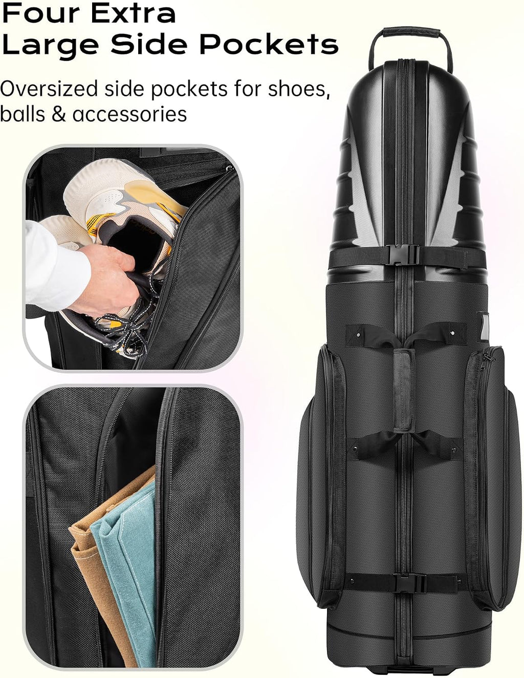Golf Travel Bag for Airlines, ABS Hard Shell Top, 1680D Oxford Cloth, 4 Side Pockets, Two 4 Inch Wheels, Lockable Zippers, Foldable Club Travel Case