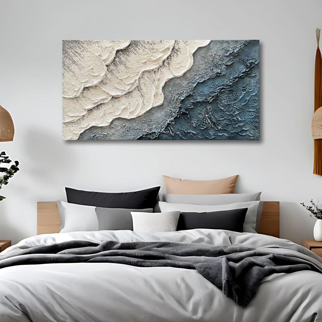 Art Hand-Painted White and Blue Gradient Wave Texture Abstract Oil Painting, 24x48-inch Canvas Painting, Home Office Wall Decoration Art