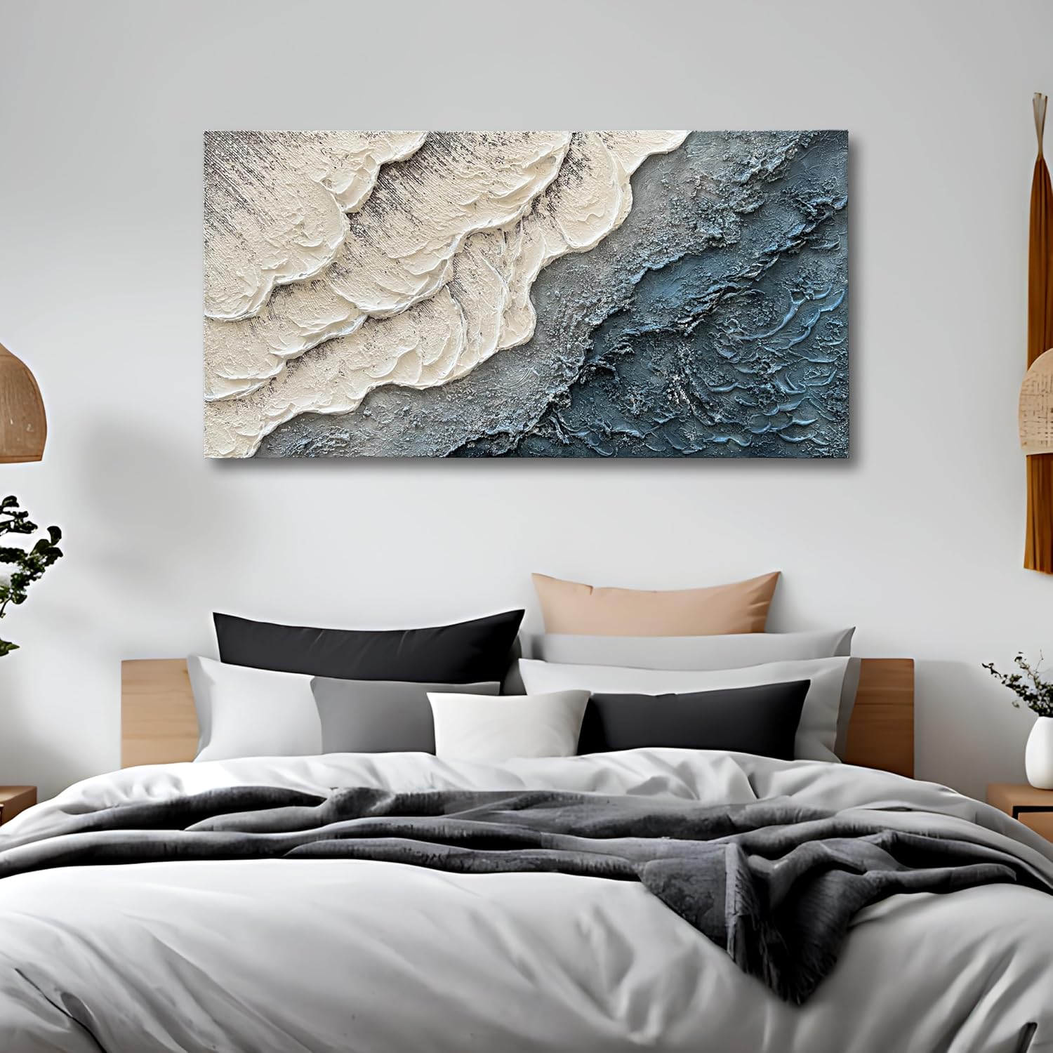Art Hand-Painted White and Blue Gradient Wave Texture Abstract Oil Painting, 24x48-inch Canvas Painting, Home Office Wall Decoration Art