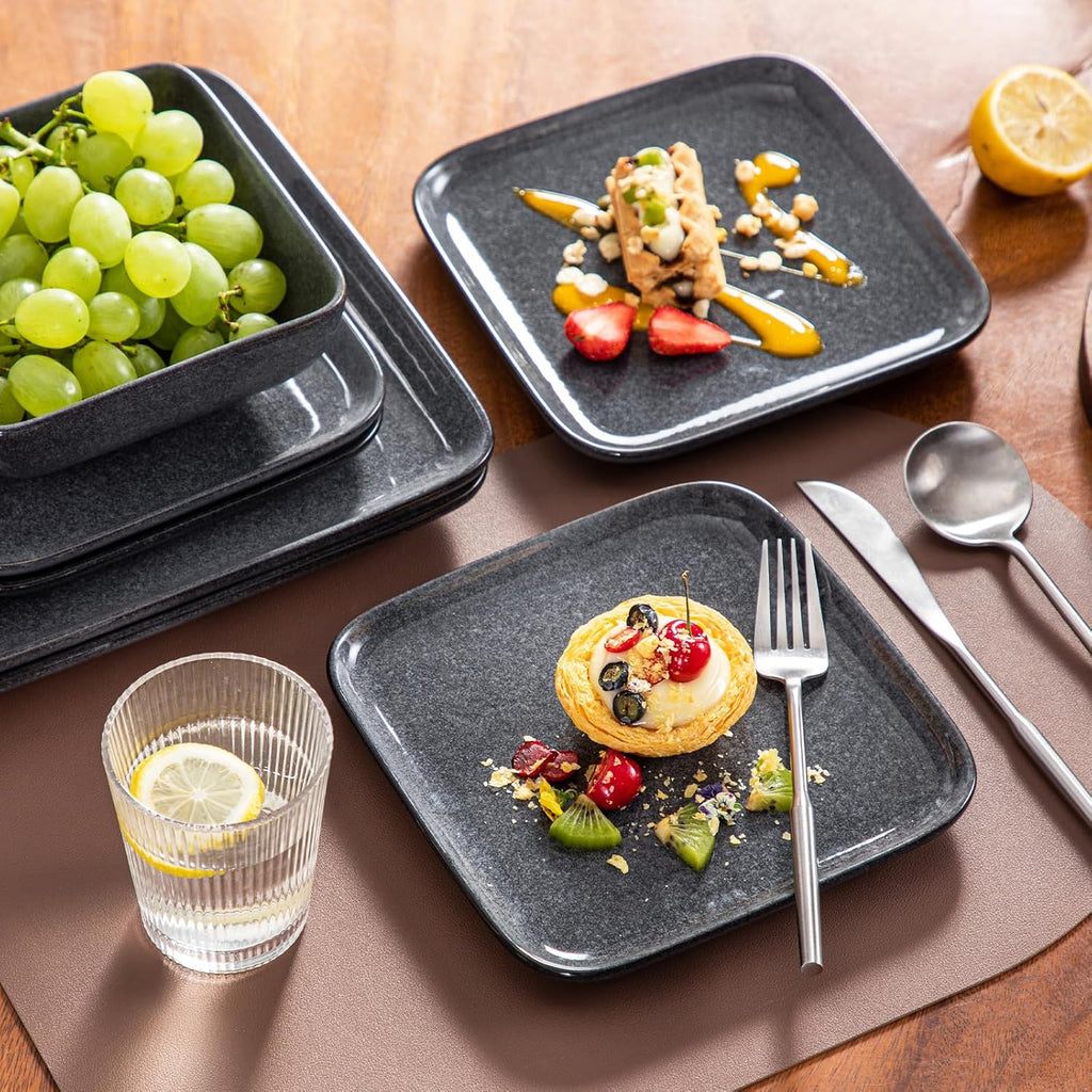 vancasso Stern Gray Dinnerware Set Square Reactive Glaze Tableware 16 Pieces Kitchen Dinnerware Stoneware Crockery Set with Dinner Plate, Dessert Plate, Bowl and Soup Plate Service for 4