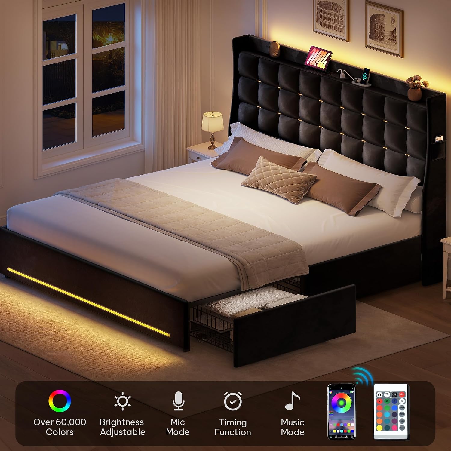 DWVO Queen Size Bed Frame with 4 Drawers and RGB LED Lights, Velvet Upholstered Platform Bed with Charging Station and Storage Headboard, No Box Spring Needed, Easy Assembly, Noise-Free, Black