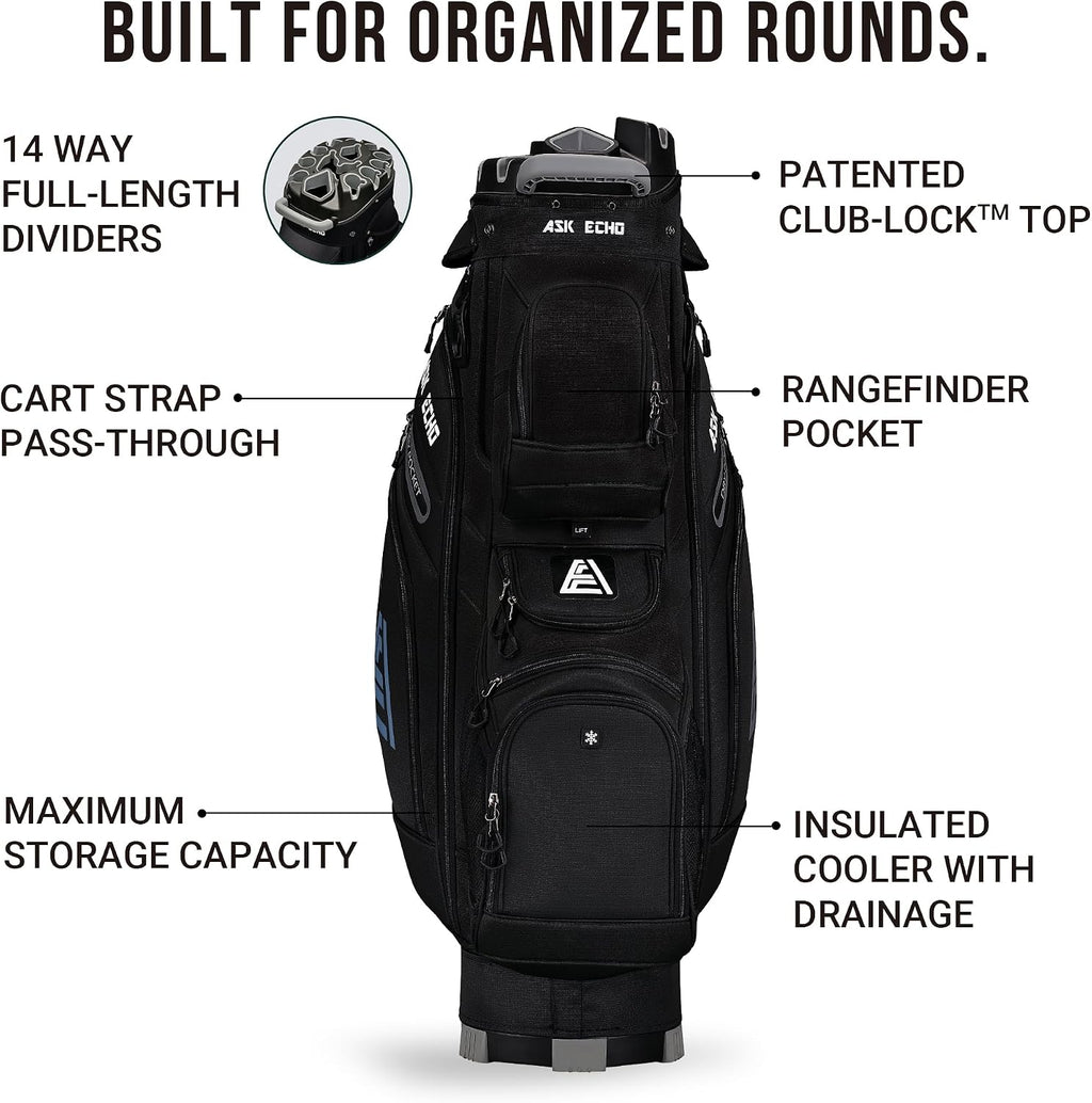 ASK ECHO T-Lock Golf Cart Bag with 14 Way Organizer Divider Top, Premium Cart Bag with Handles and Rain Cover, for Men