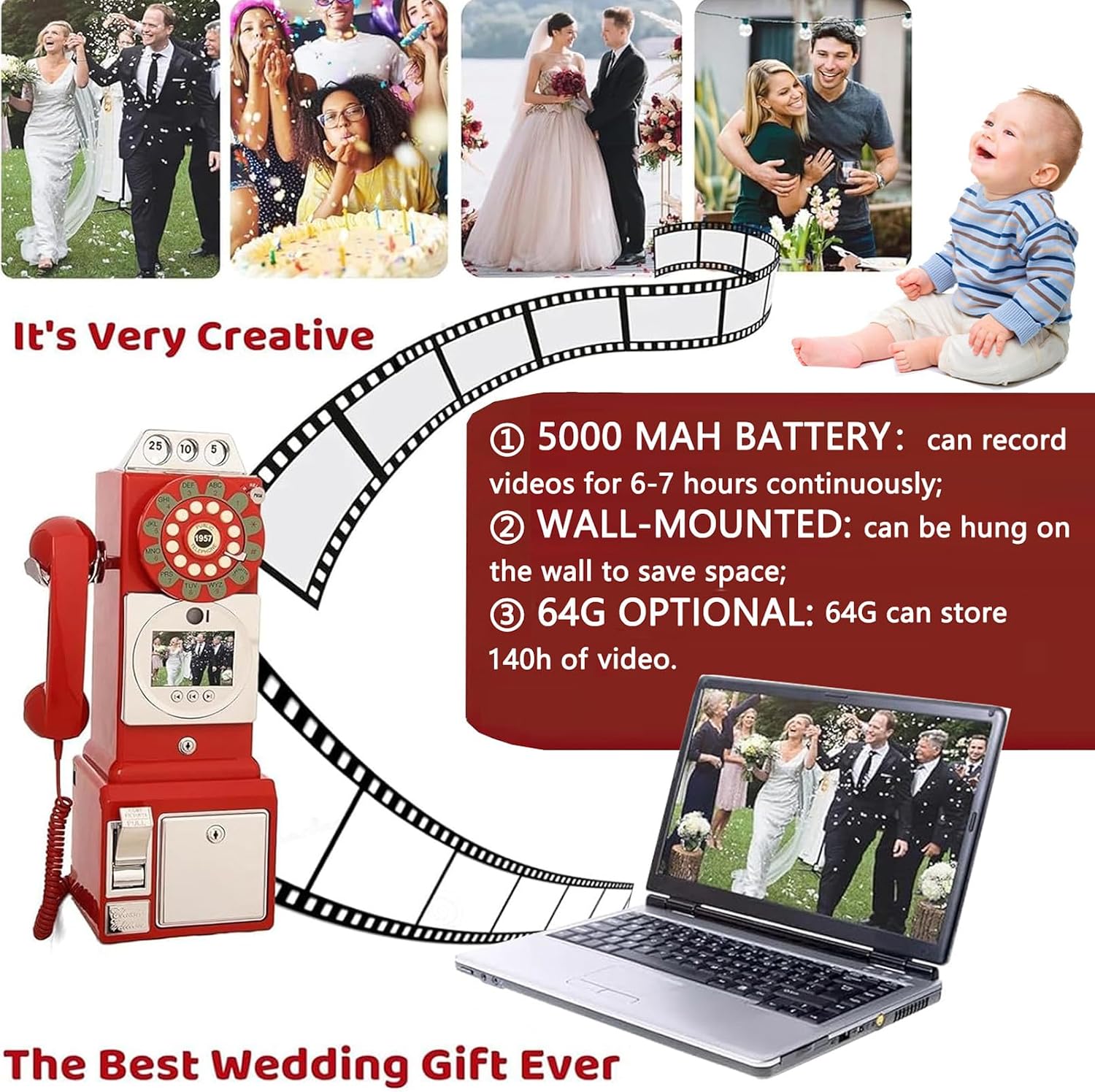 1080P Video Audio GuestBook Wedding Phone, 64G SD Card Customized Video Audio Guest Book Alternatives with Lens Recording for Birthday Party Anniversary Engagement,Red
