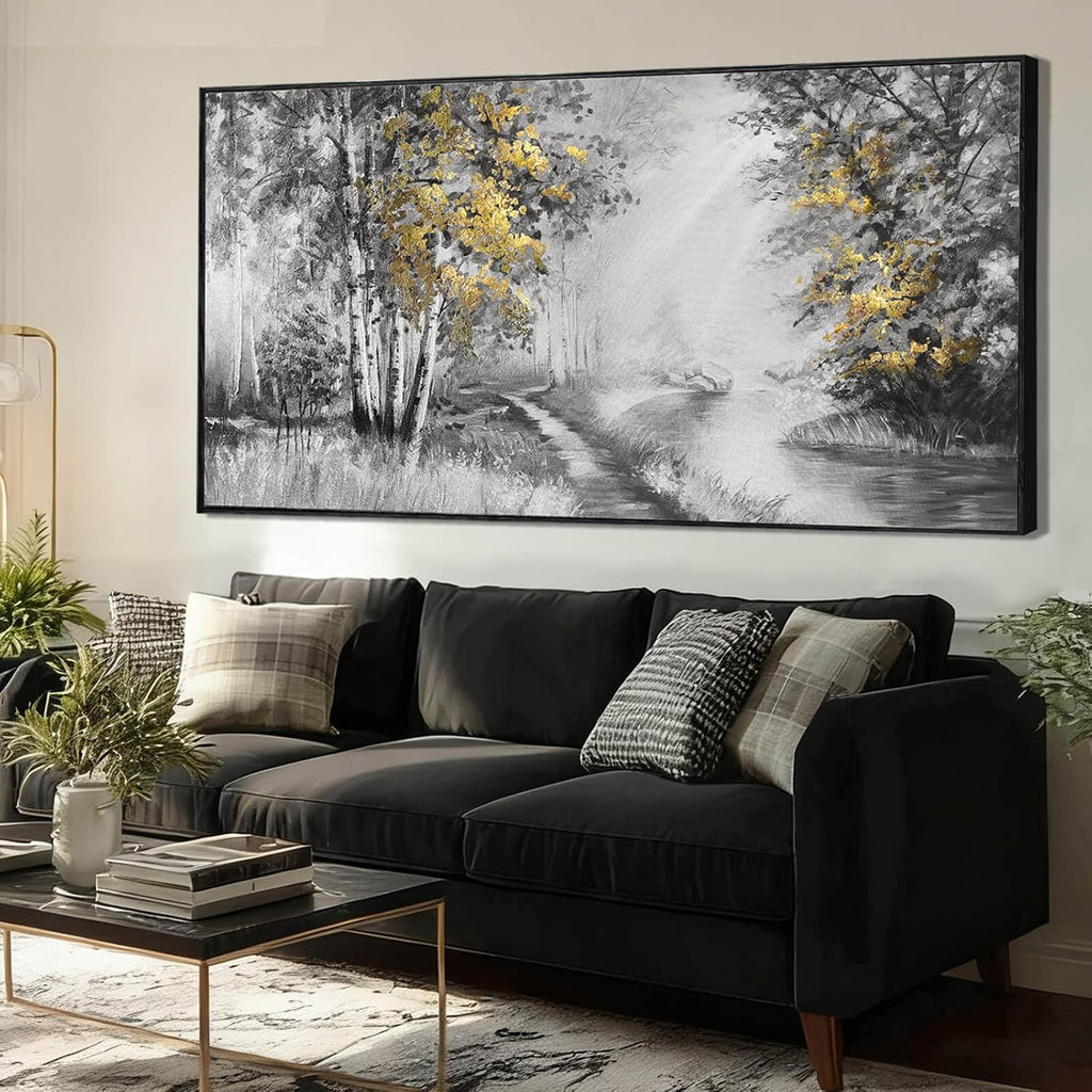 SOUGUAN Grey and Gold Canvas Wall Art Tree Wall Decor Modern Posters 32'x70' Large Decoration Living Room Pictures for Bedroom Office