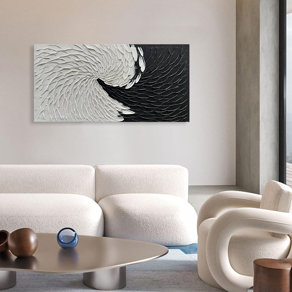 NANKAI Art Hand Painted Black and White Minimalist Oil Painting Modern Abstract Art Home Wall Decoration Painting 24x48 inches