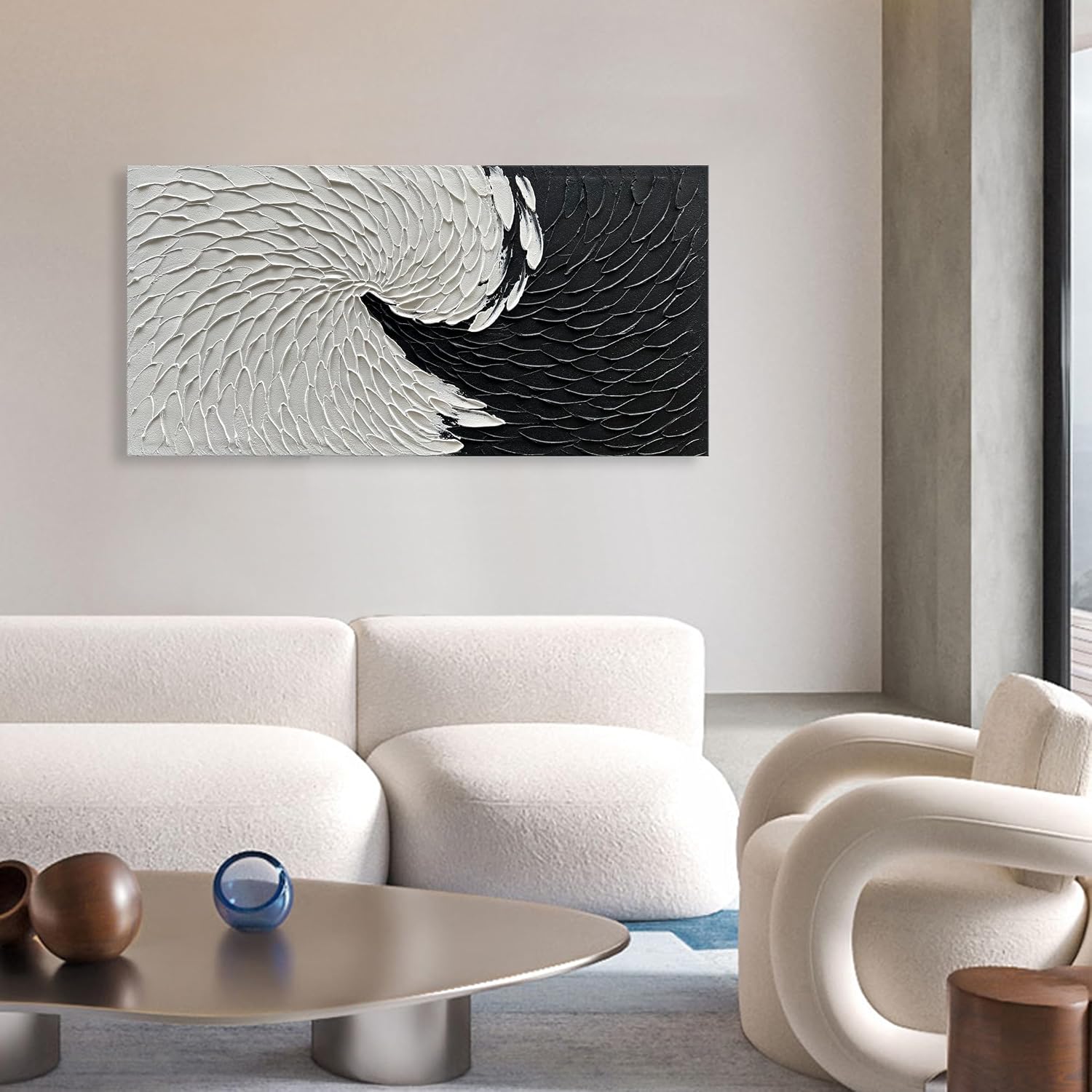 NANKAI Art Hand Painted Black and White Minimalist Oil Painting Modern Abstract Art Home Wall Decoration Painting 24x48 inches