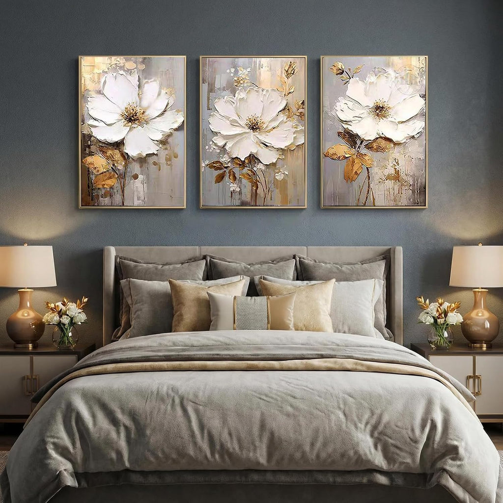 3 Piece Framed Canvas Wall Art for Living Room, Textured White Floral Abstract Oil Painting with Gold Frame, Modern Luxury Flower Wall Decor for Bedroom Office, Each Panel 20x28 Inches