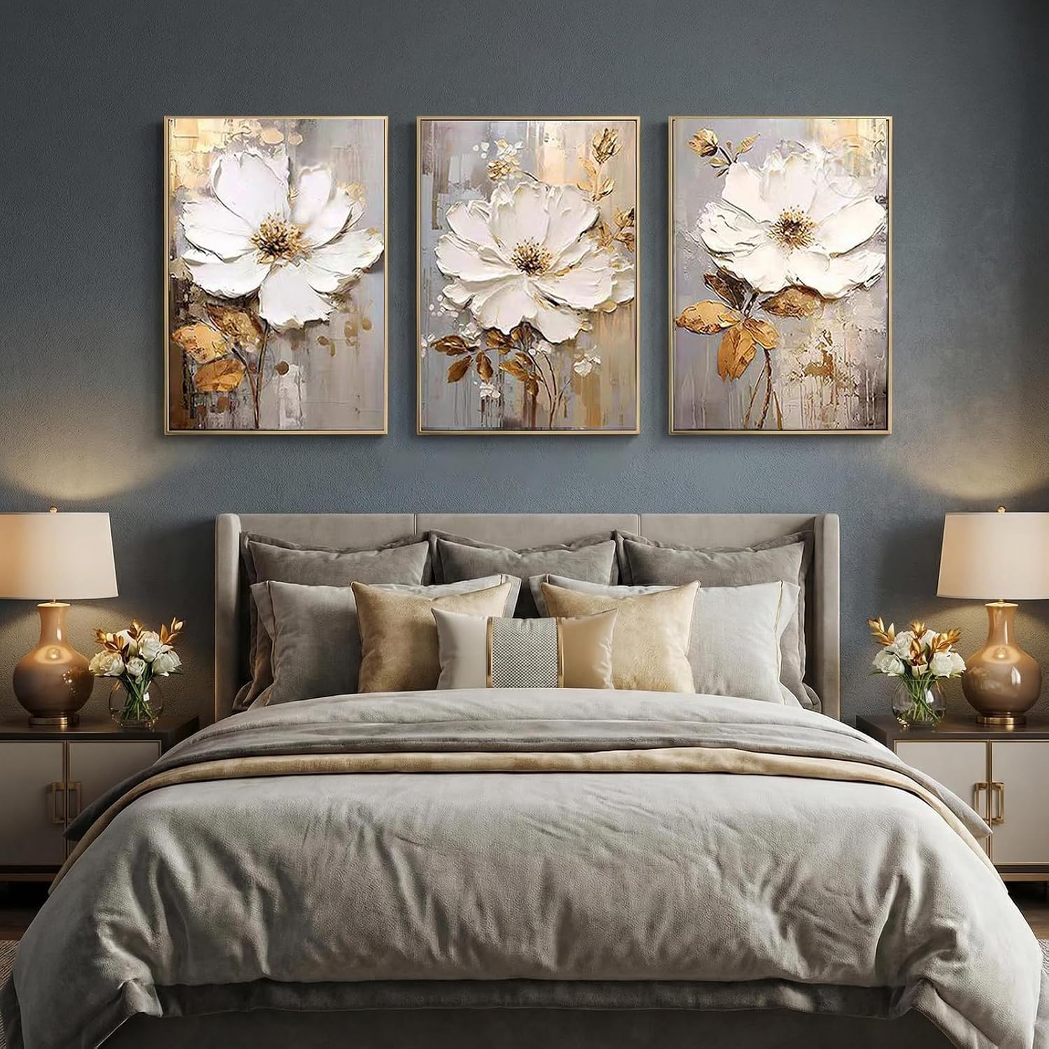 3 Piece Framed Canvas Wall Art for Living Room, Textured White Floral Abstract Oil Painting with Gold Frame, Modern Luxury Flower Wall Decor for Bedroom Office, Each Panel 20x28 Inches