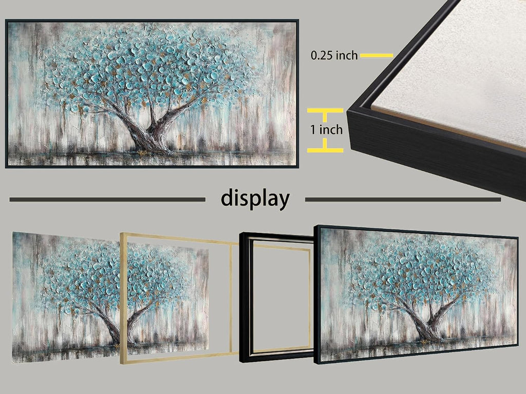 Arjun Framed Blue Tree Extra Large Canvas Wall Art for Living Room Tree of Life Abstract Bedroom Textured Painting, Nature Picture Panoramic Landscape Artwork Home Office Decor, Black Wood 58'x29'