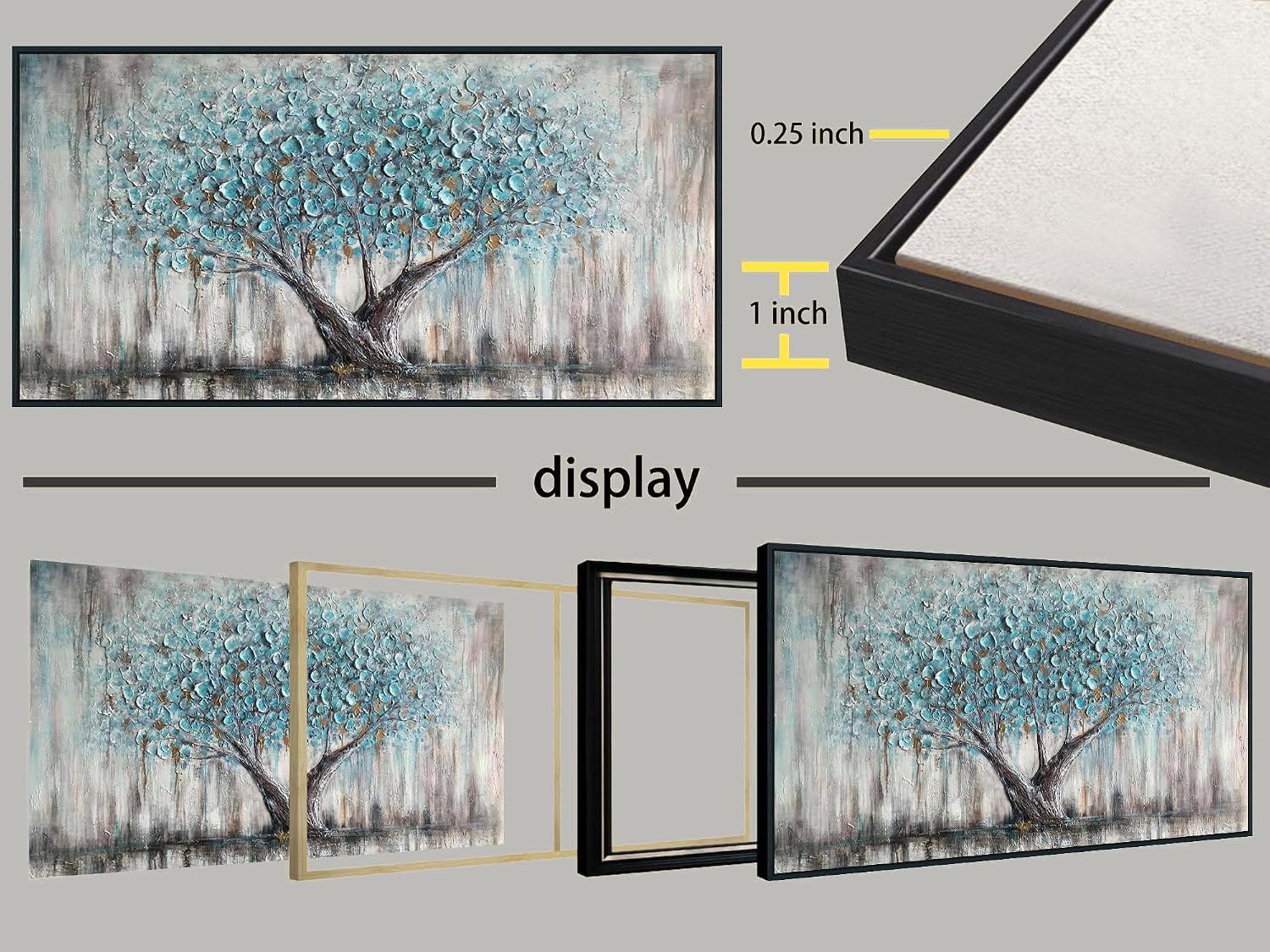 Arjun Framed Blue Tree Extra Large Canvas Wall Art for Living Room Tree of Life Abstract Bedroom Textured Painting, Nature Picture Panoramic Landscape Artwork Home Office Decor, Black Wood 58'x29'