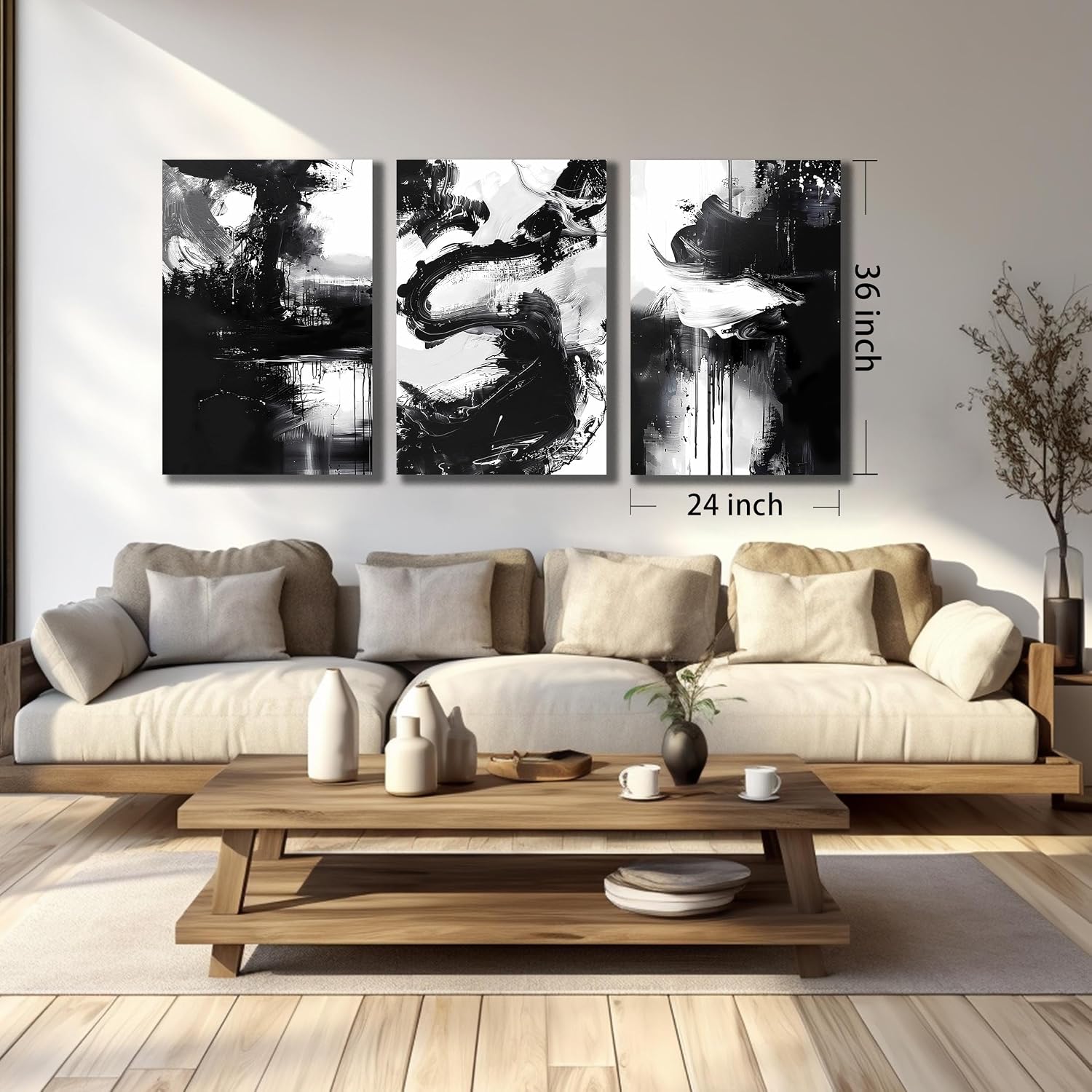 DNIEOTU Abstract Canvas Wall Art for Living Room, Black and White Wall-Decor for Bedroom, Modern Ink - Style Paintings for Hallway Office, Size 24 x 36 Inches 3-Piece