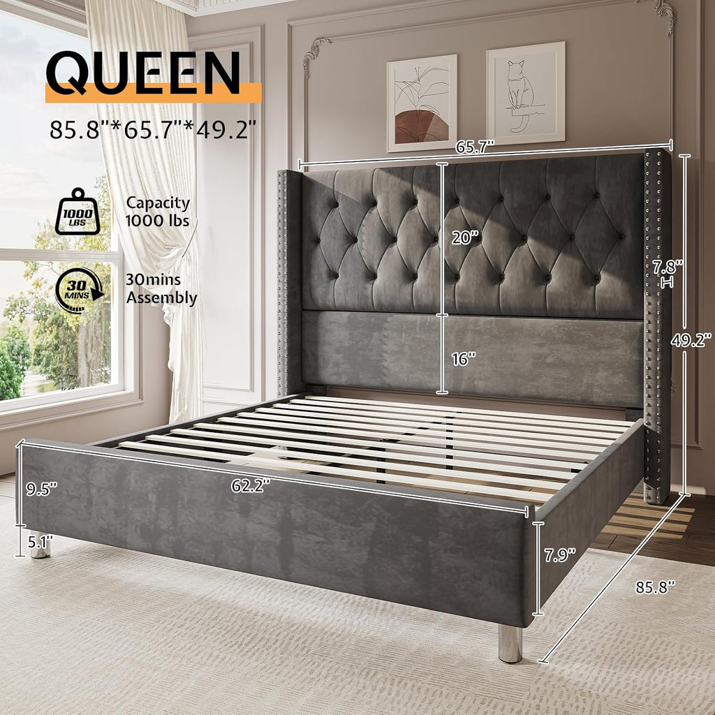 Jocisland Queen Bed Frame Upholstered Bed Wingback Headboard Velvet Tufted Diamond Button/No Box Spring Needed/Easy Assembly/Gray