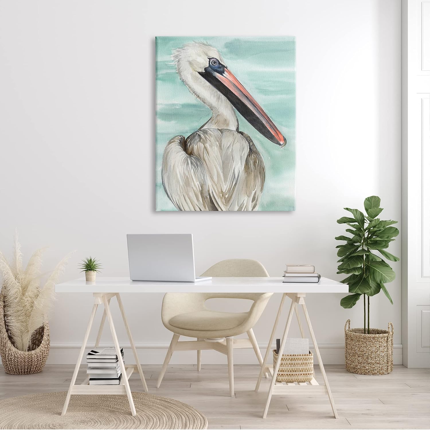 Stupell Industries White Coastal Pelican Watching Calm Water Sea Painting,Design by Jennifer Paxton Parker