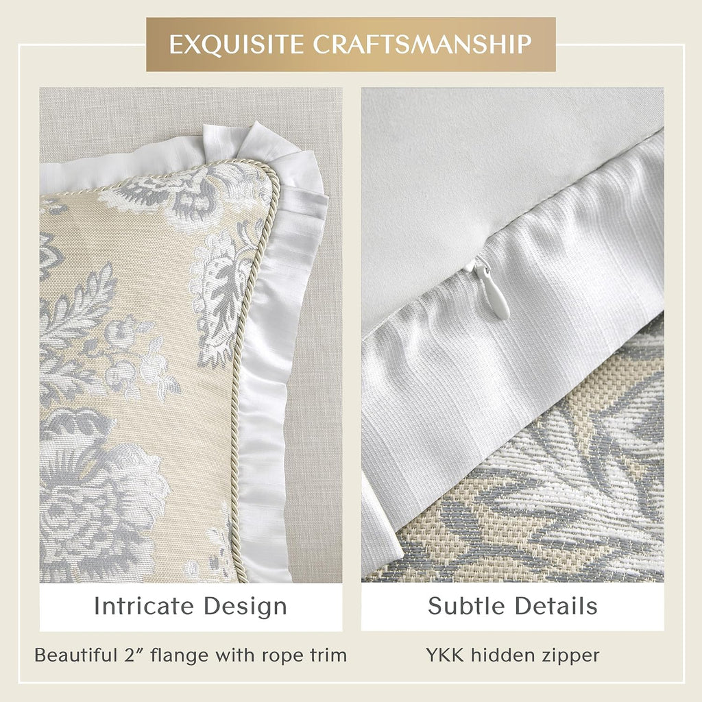 CROSCILL King Comforter Set, Luxe Chenille Jacquard Floral Medallion, Microfiber Twill Comforter for a King-Size Bed, Oversized Comforter King Bedding, 2 Shams & Bedskirt, Loretta, Beige 4 Piece