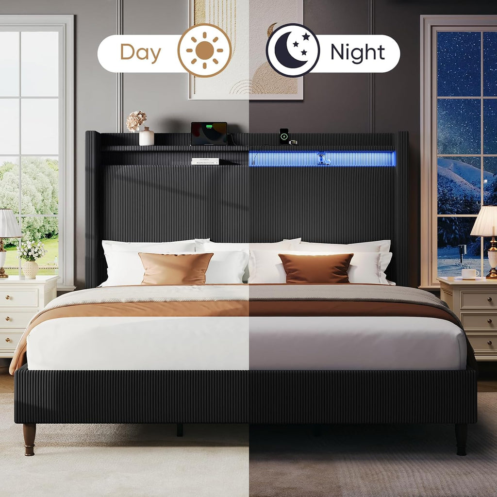 King Size Bed Frame with Tall Headboard, 55.3' Corduroy Upholstered Platform Bedframe with LED Lights & Charging Station, King Beds Wingback Storage Headboard, No Box Spring Needed, Wood Slats, Black