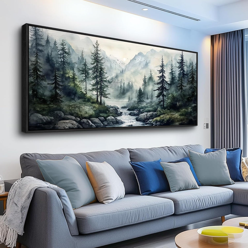 ZUITINGHUA Black Framed Canvas Wall Art For Living Room Large Wall Decor For Office Bedroom Decoration Misty Forest Picture Tree landscape Paintings Artwork Wall Mural Aesthetic Home Decor 30x60 In