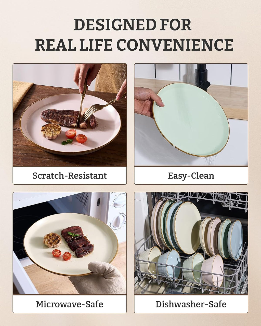 Famiware Saturn Stoneware Dinnerware Sets for 8 (24 Pieces), Ceramic Plates and Bowls Dish Sets with Hand-Painted Trim - Chip & Scratch Resistant, Microwave & Dishwasher Safe Tableware, Multi-color