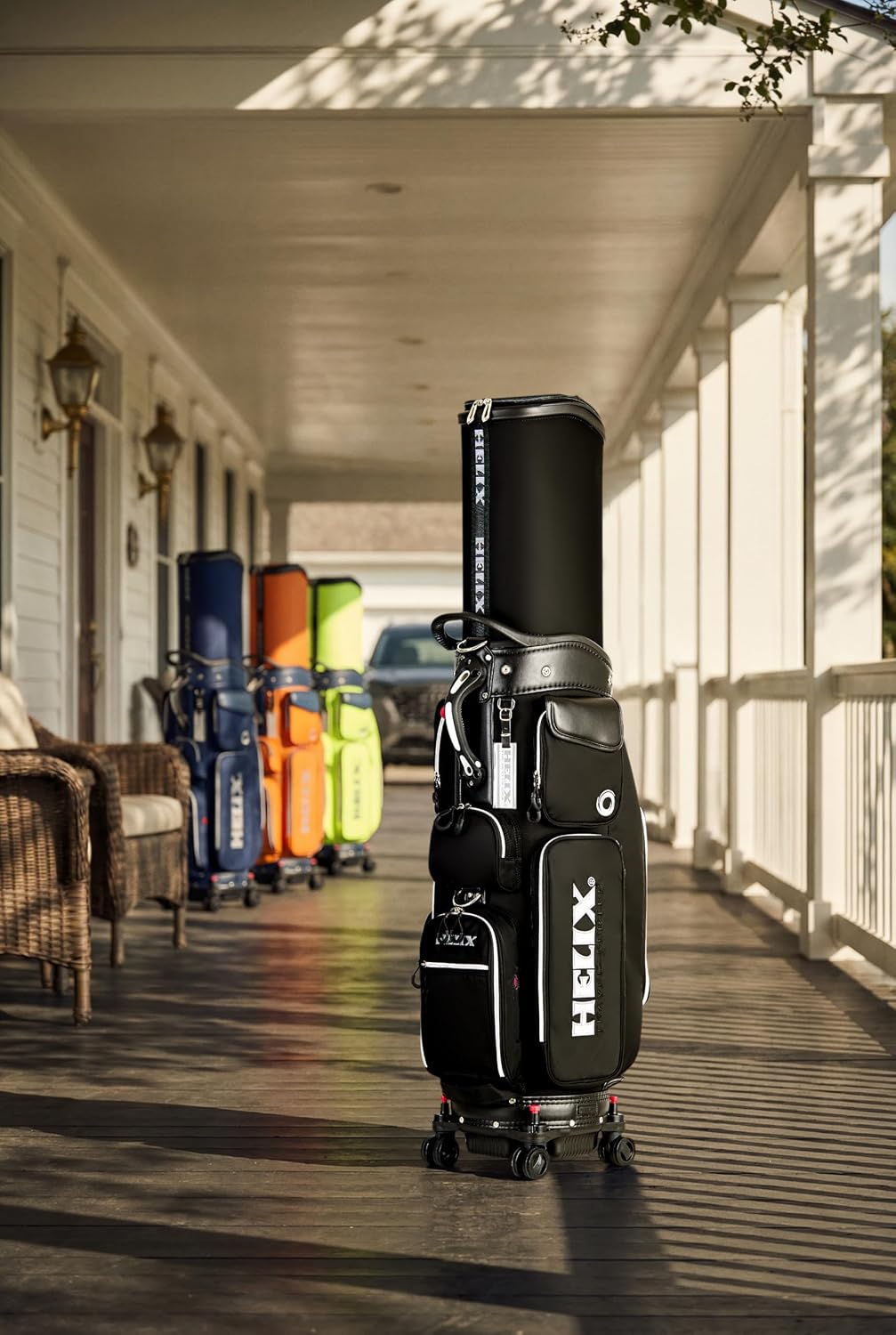 HELIX-Golf Golf Cart Bag, Easy to Carry, Retractable Golf Club Cart Bag with Locking Wheels Chassis and Latest Integrated Handgrip.
