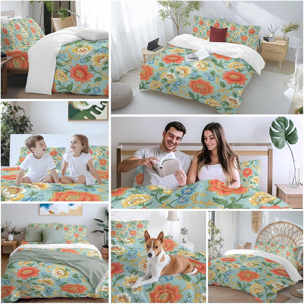 Embroidery Floral Duvet Cover Set Queen Size 4 Pieces Country Oriental Traditional Flower Red Teal Bedding Set with Zipper Closure, 1 Comforter Cover 92x106 Inches 1 Flat Sheet & 2 Pillow Cases