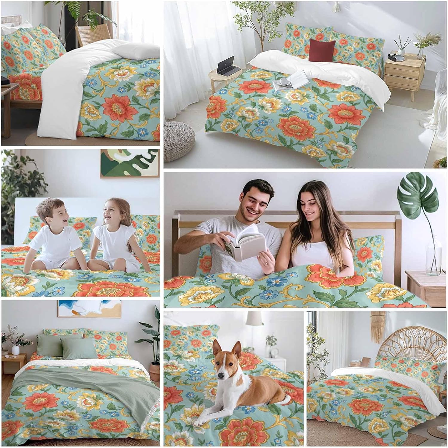 Embroidery Floral Duvet Cover Set Queen Size 4 Pieces Country Oriental Traditional Flower Red Teal Bedding Set with Zipper Closure, 1 Comforter Cover 92x106 Inches 1 Flat Sheet & 2 Pillow Cases