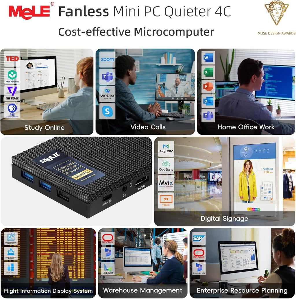 MeLE Mini PC Quieter 4C - 12th Gen N100, Fanless PC, 8GB Memory, 128GB Storage, 2.4/5G Wi-Fi, Full-Functional USB-C, 4K Triple Display Desktop on Home, Office, Education, Astrophotography