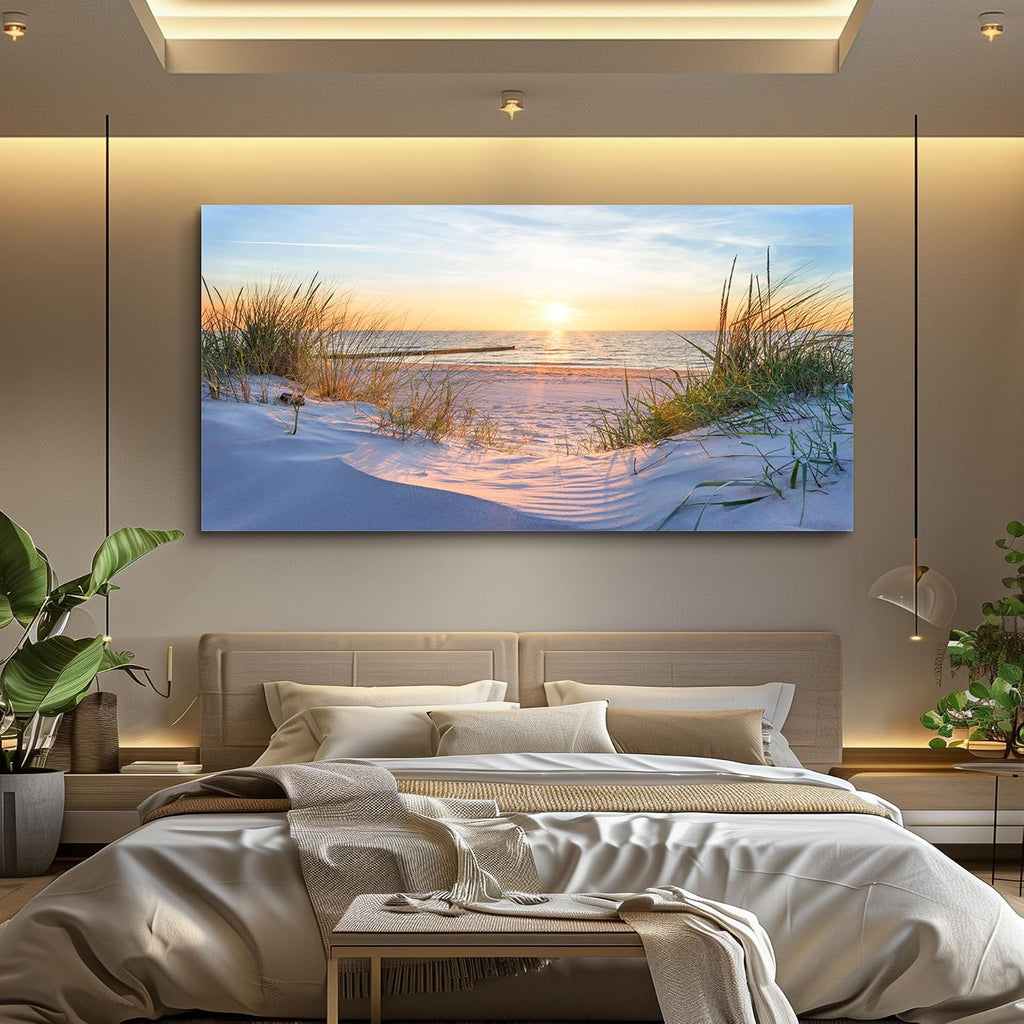 Canvas Wall Art For Living Room Super Large Size Wall Decor For Office Canvas Art Framed Pictures Artwork Blue Sun Beach Grass Ocean Landscape Paintings Bedroom Decor Seascape Draw Home Decorations