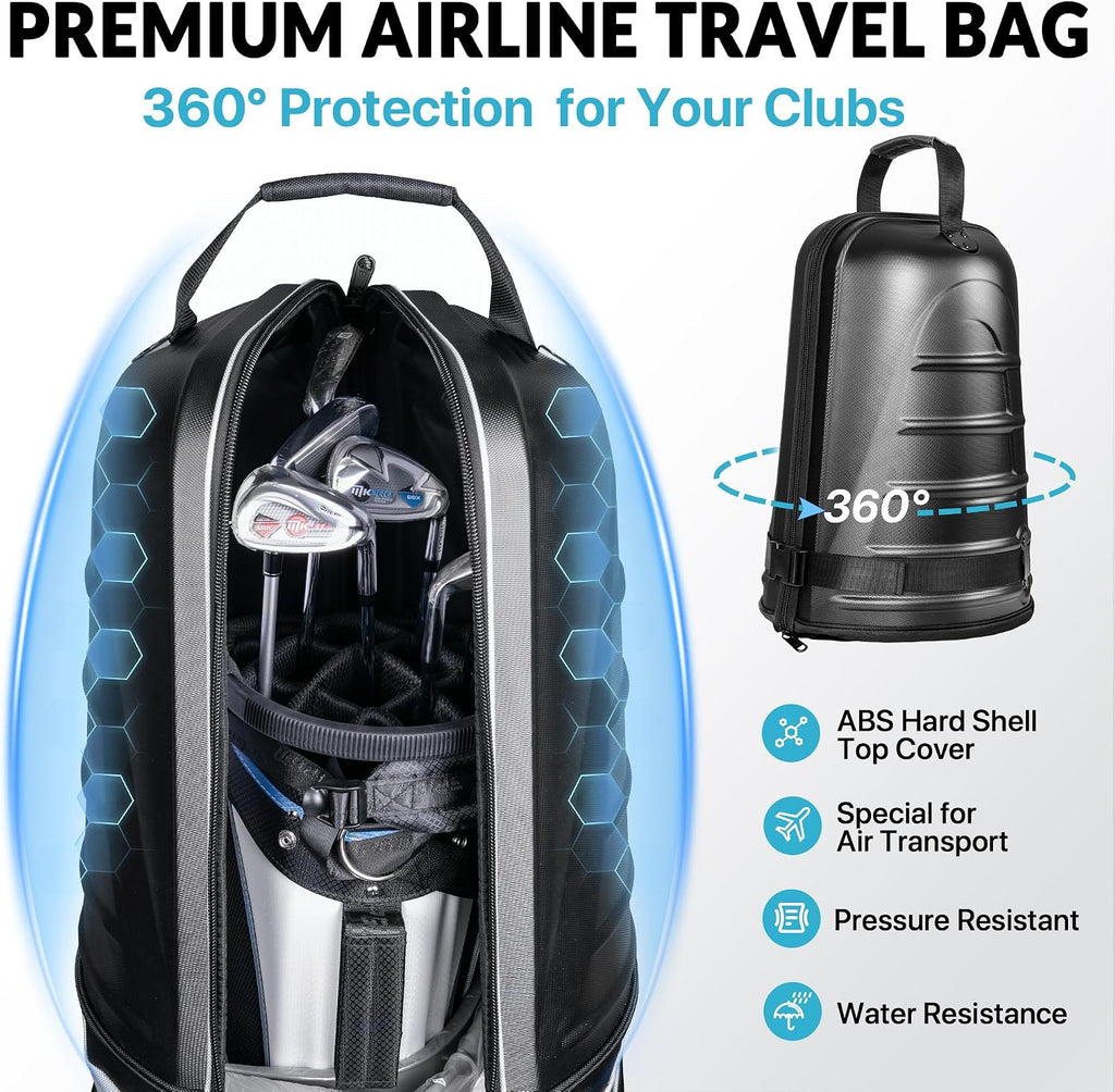 Golf Travel Bag for Airlines, Hard Shell Top Golf Travel Case with Wheels, Heavy Duty 1680D Oxford Fabric, Reinforced Base, Oversized Tank Wheels, Built-in TSA Lock, Water-Resistant Zippers