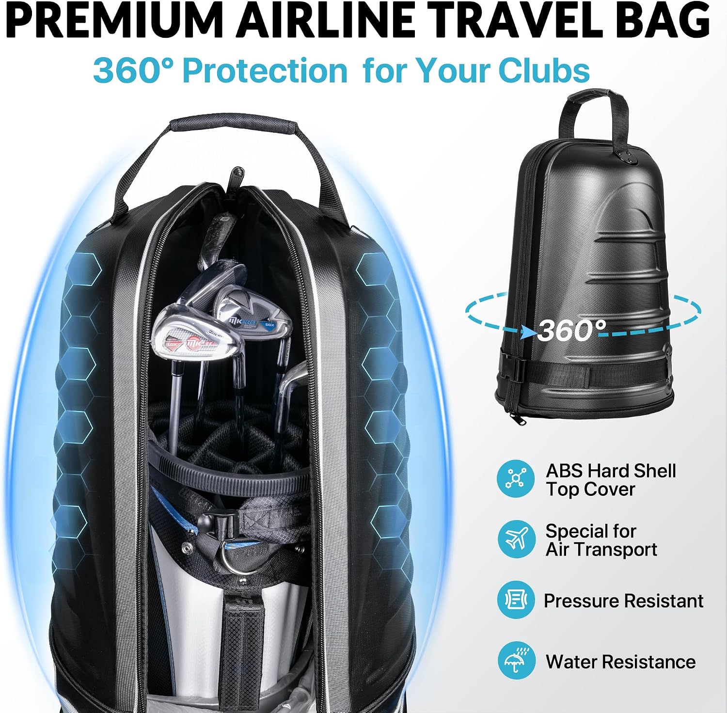 Golf Travel Bag for Airlines, Hard Shell Top Golf Travel Case with Wheels, Heavy Duty 1680D Oxford Fabric, Reinforced Base, Oversized Tank Wheels, Built-in TSA Lock, Water-Resistant Zippers