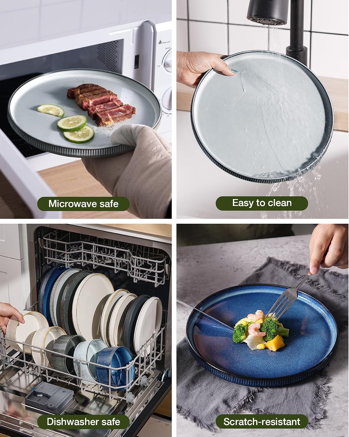 Famiware Star 24-Piece Plates and Bowls Set with Trim, Service for 8 - Stoneware Reactive Glaze Dinnerware, High Edge Ribbed Dishes, Chip & Scratch Resistant, Microwave & Dishwasher Safe, White & Blue