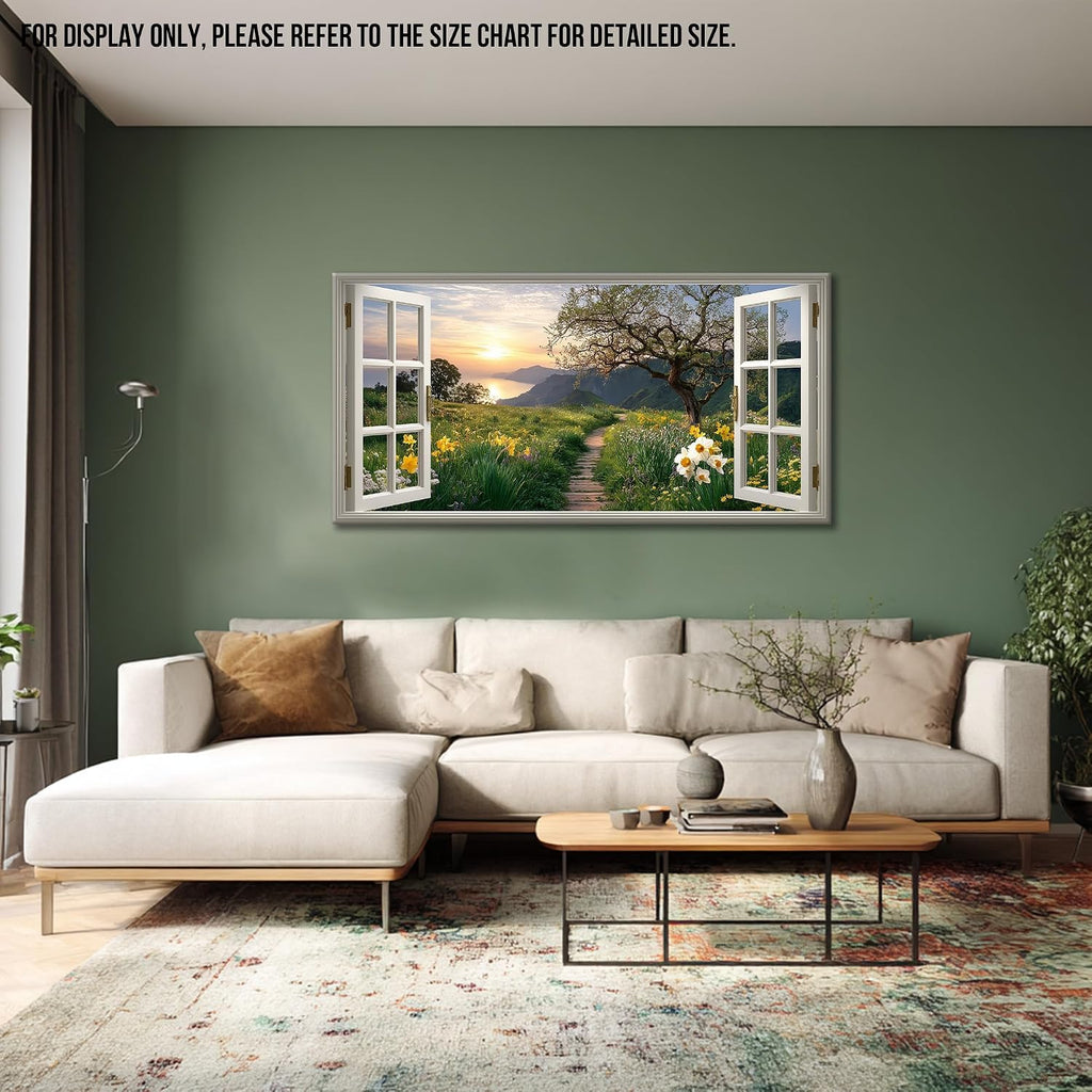 TIMUBA Spring Wall Art Decor - Fake Window Sunrise Coastal Scenery Canvas Painting, Spring Nature Mountains Landscape Wildflowers Pictures Wall Decor, Floral Framed Artwork for Living Room 60x30 Inch