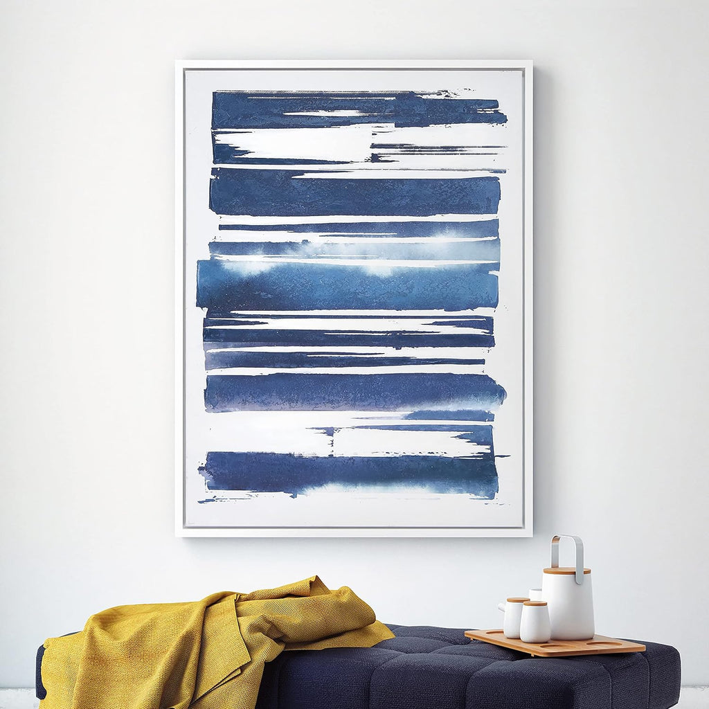 Empire Art Direct Abstract Wall Art Textured Hand Painted Canvas by Martin Edwards, White Frame, 40' x 30', Cobalt Streaks 1