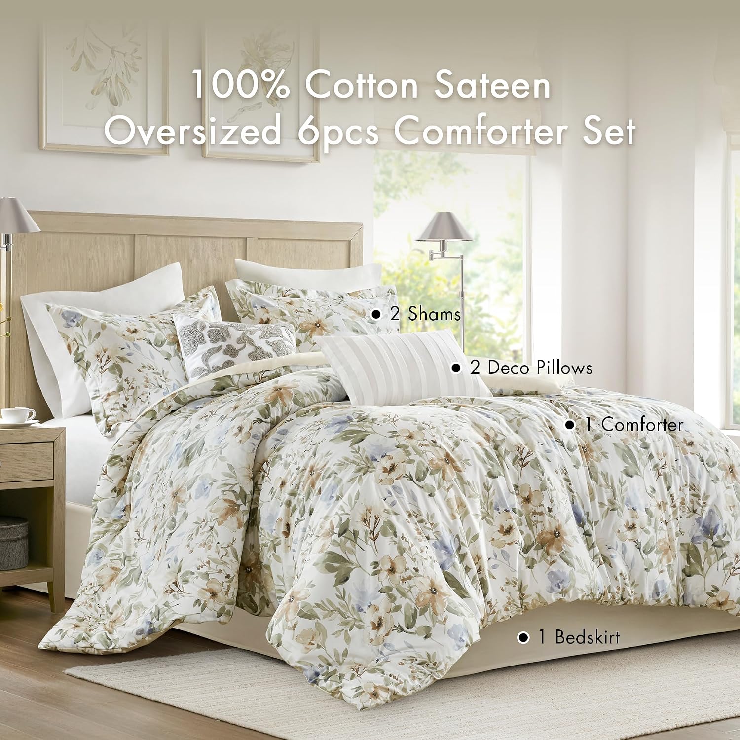 Harbor House King Comforter Set Watercolor Floral Print, 300TC Sateen Cotton Comforters, All Season Oversized Comforter, Shams, Bed Skirt, Décor Pillows, King, Multi, 6 Piece