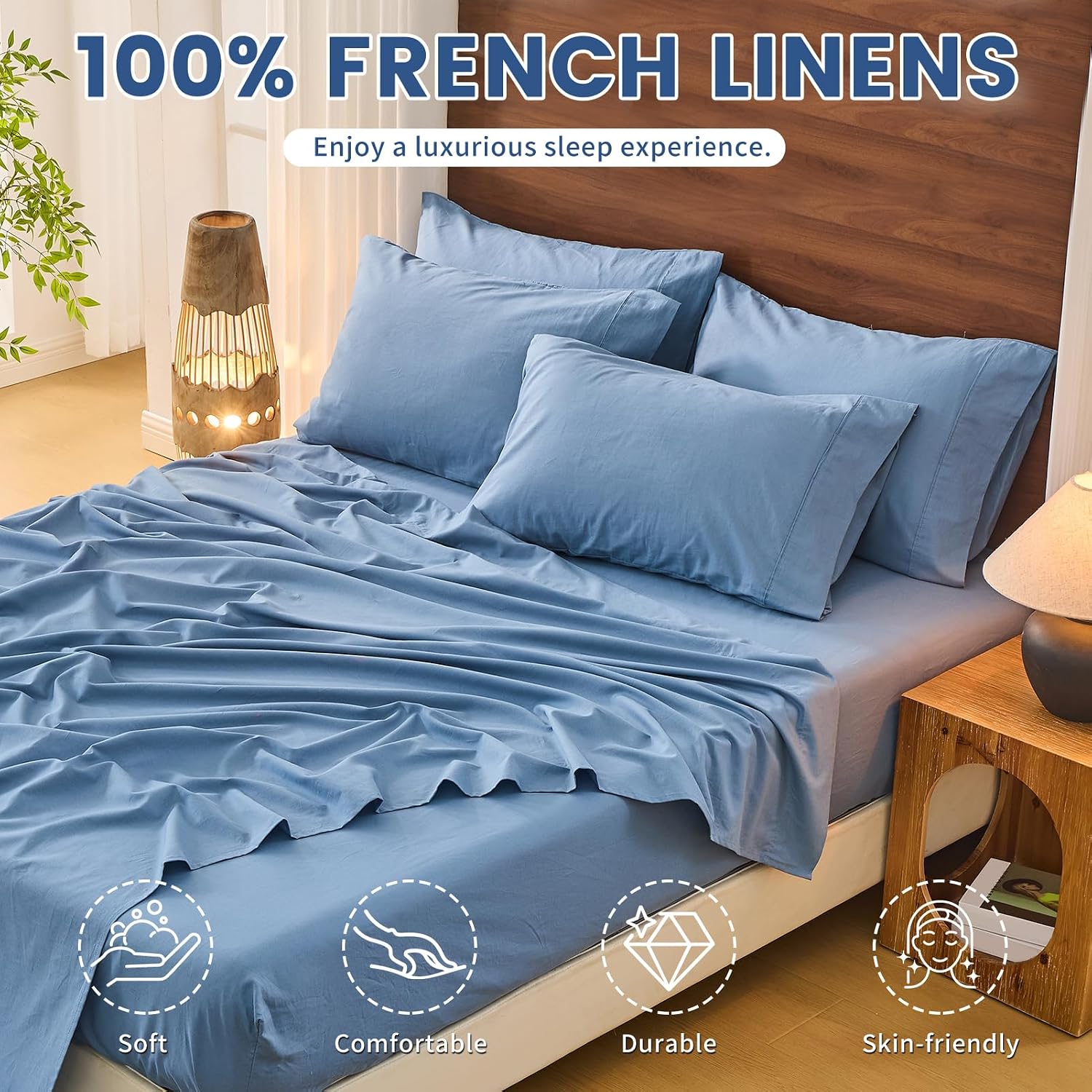 Bedlifes 100% French Pure Linen Sheets King Size Breathable and Cooling Flax Sheet Set Soft Durable and Moisture Wicking 16 Inch Deep Pocket-4 Piece(King,Flint Blue)