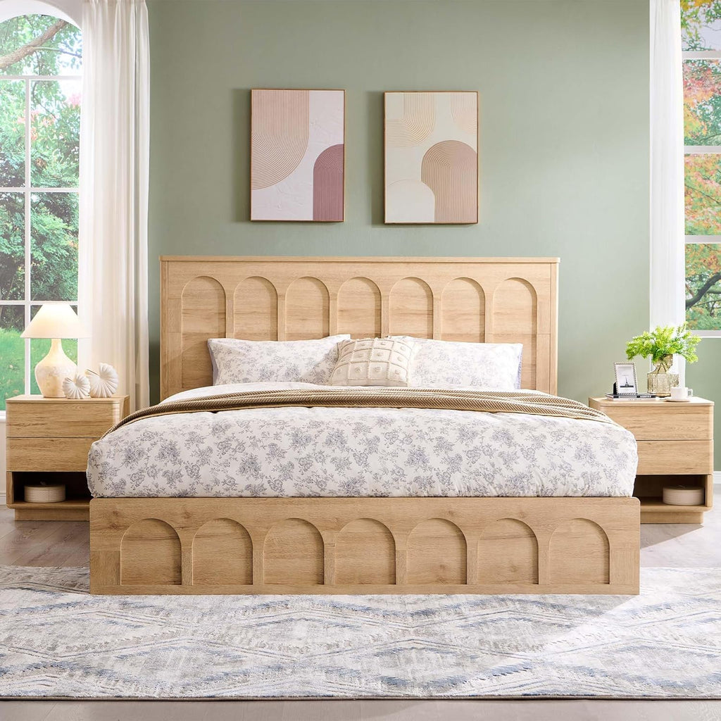 ACCOHOHO Modern King Size Bed Frame with 4 Drawers, 51' Tall Arched Recessed Headboard, Solid Wood Slats Support, Noise Free, No Box Spring Needed, Wood Platform, Natural Oak