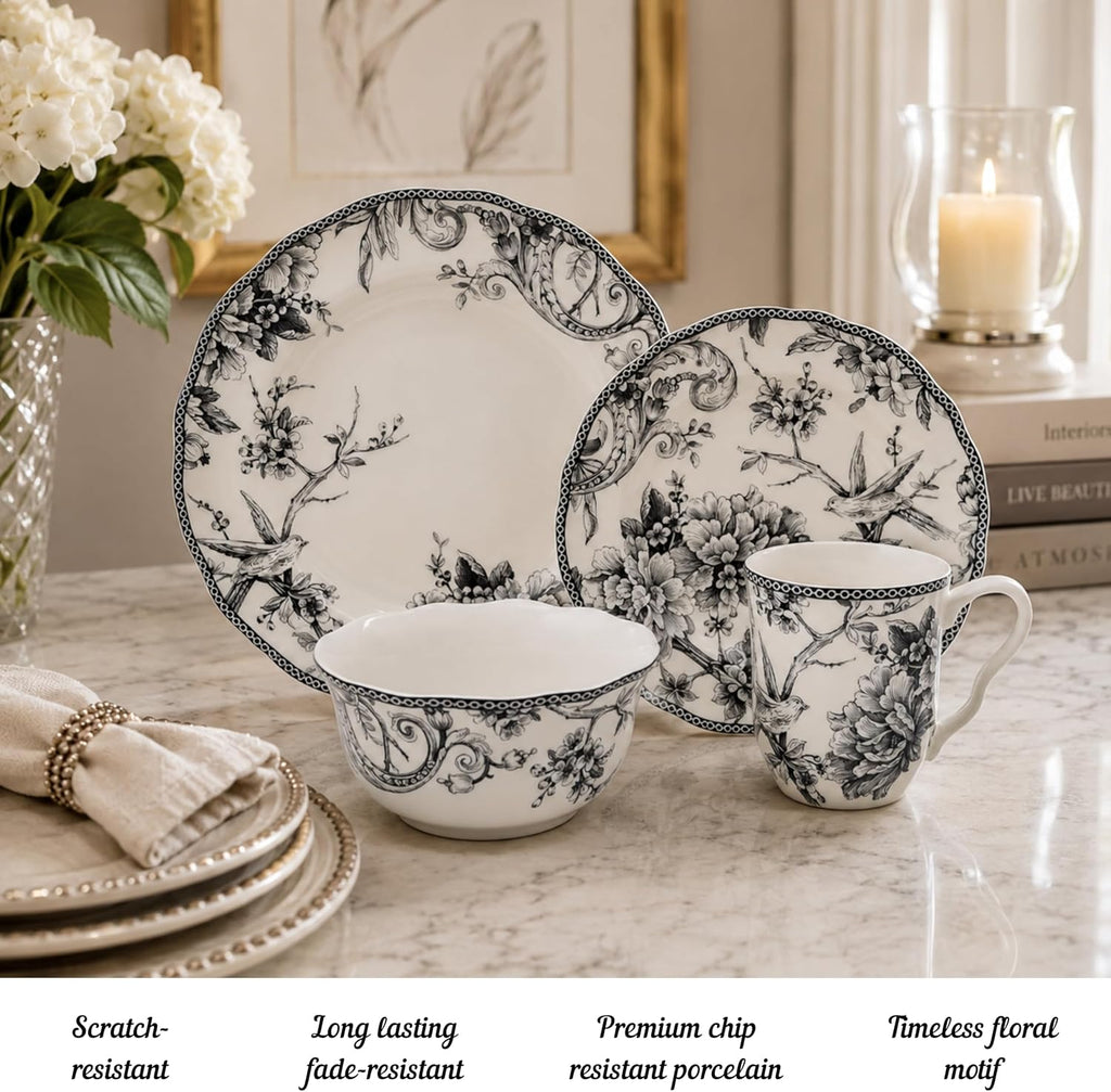 222 Fifth Adelaide 16-Piece Black Porcelain Dinnerware Set – Service for 4, Featuring Hand-Applied Romantic Woodland Bird Design, Everyday Big Dinner Plates and Bowls Sets, Microwave & Dishwasher Safe