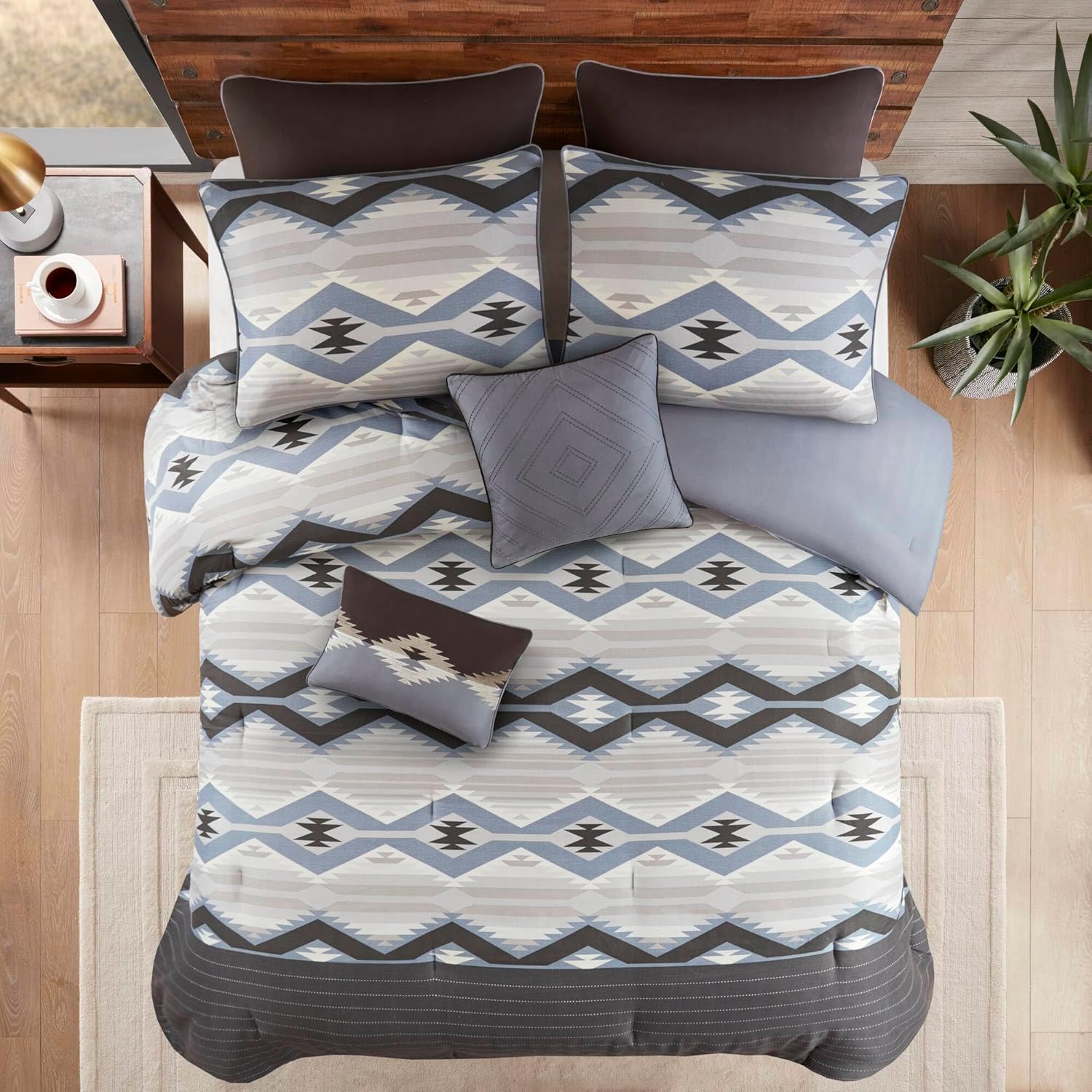 Woolrich King Comforter Set, Southwestern Aztec 8 Piece Bedding Set, Oversized All Season Down Alternative Comforter with Shams, Euro Shams, Decorative Pillows & Bedskirt, Rustic Cabin, Blue
