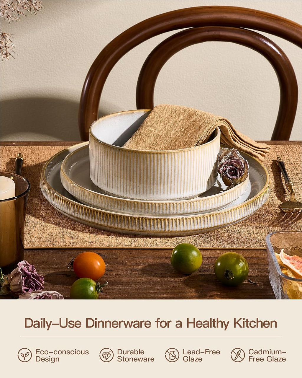 Stoneware Plates and Bowls Dishes Sets for 6 (18-Piece), Famiware Premium Handcrafted Reactive Glaze Dinnerware Set with Raised Rim, Scratch Resistant, Microwave Dishwasher Safe, Cappuccino White