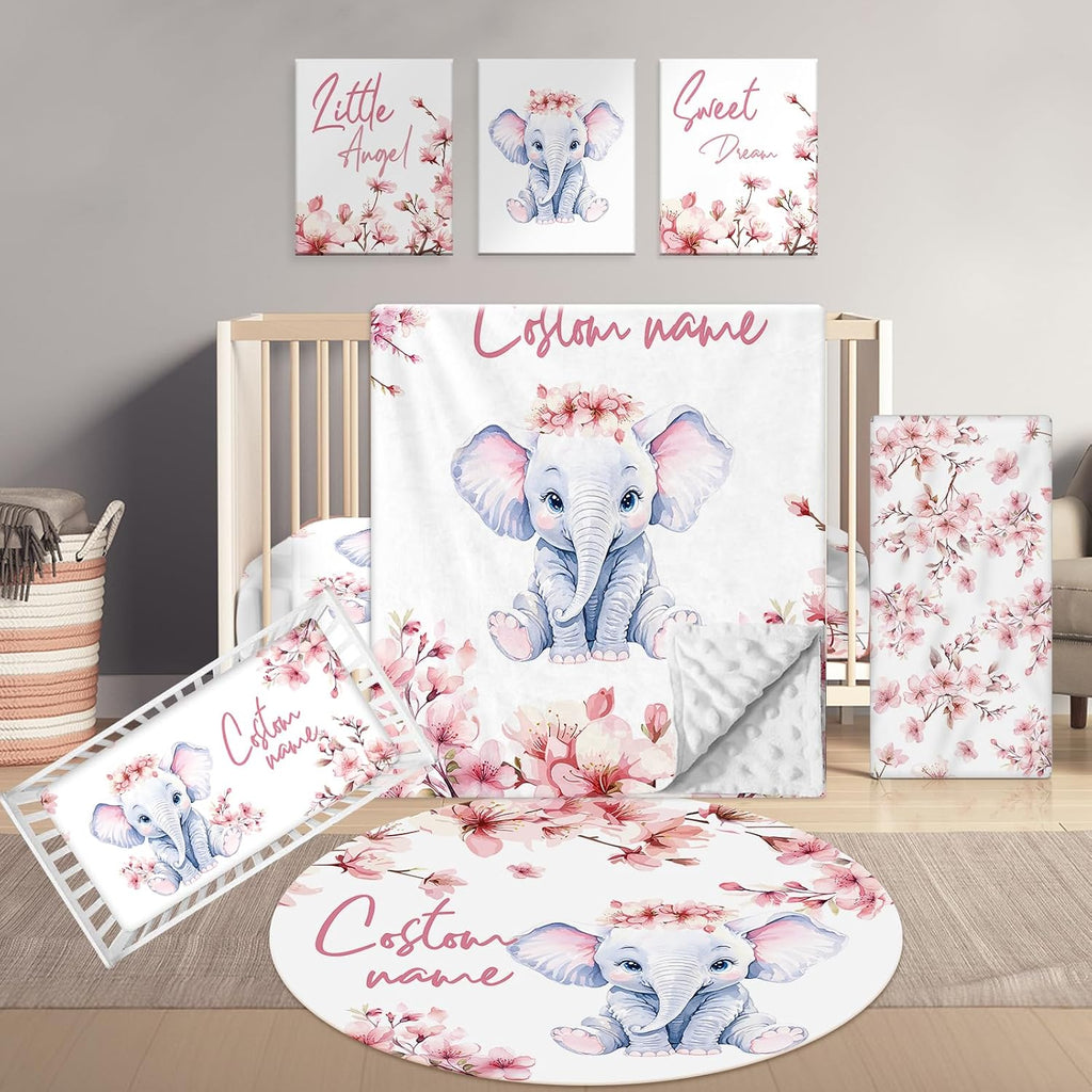 Terwex Personalized Baby Bedding Set, 5 Pcs Custom Name Bedding for Girls Boys - Nursery Bedding for Crib, Soft Toddler Bedding Sets for Infant Customized Gifts, Flower Elephant