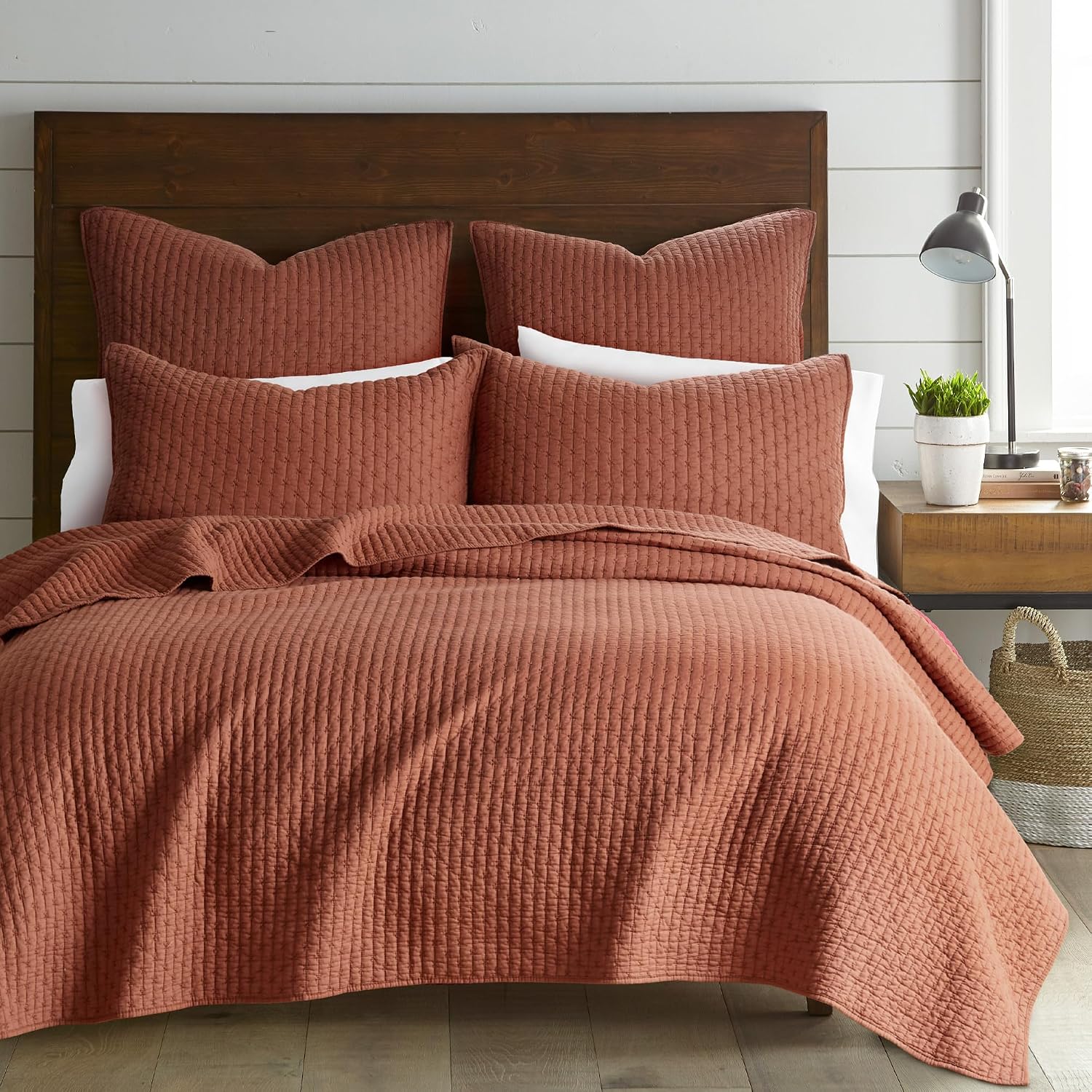 Levtex Home Cross Stitch Reversible Full/Queen Quilt Set (88x92in) with 2 Pillow Shams (26x20in) - Stitch Texture - Adobe - Cotton Full/Queen Size Quilt Bedding Set - Lightweight, Soft, Pre-Washed