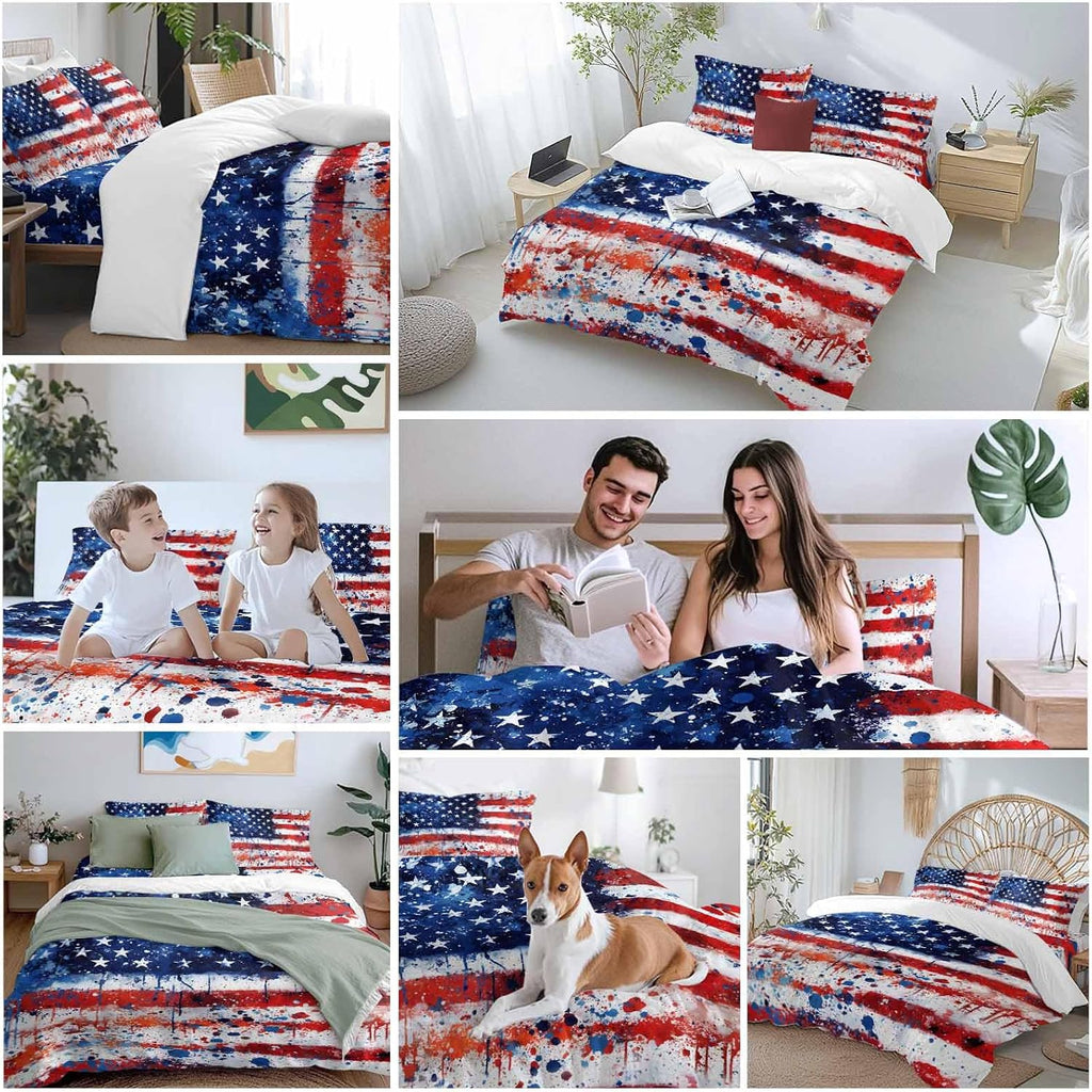 Independence Day Duvet Cover Set Queen Size 4 Pieces Mottled Red Blue White Stars Painted Flag Bedding Set with Zipper Closure, 1 Comforter Cover 90x92 Inches 1 Flat Sheet & 2 Pillow Cases
