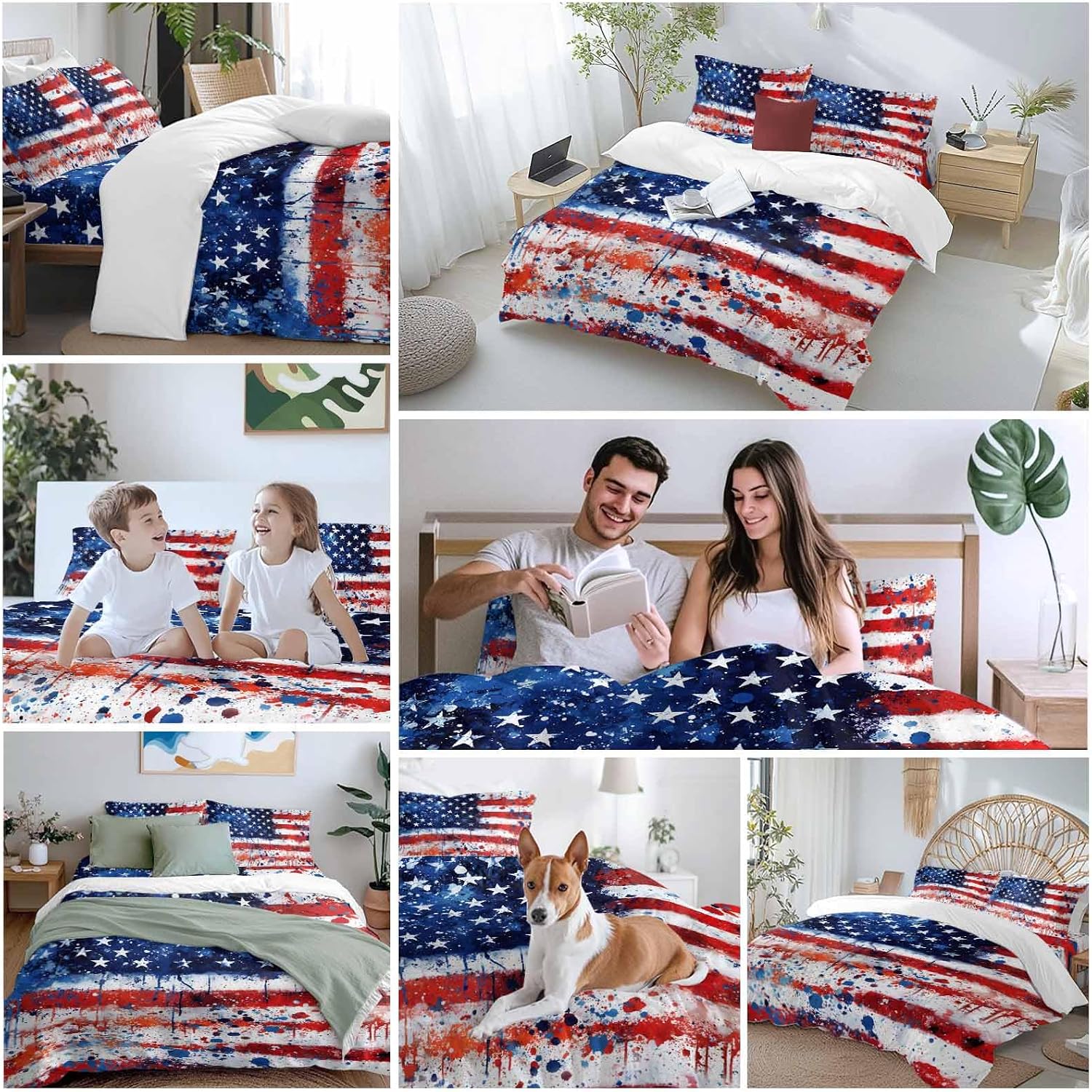 Independence Day Duvet Cover Set Queen Size 4 Pieces Mottled Red Blue White Stars Painted Flag Bedding Set with Zipper Closure, 1 Comforter Cover 90x92 Inches 1 Flat Sheet & 2 Pillow Cases