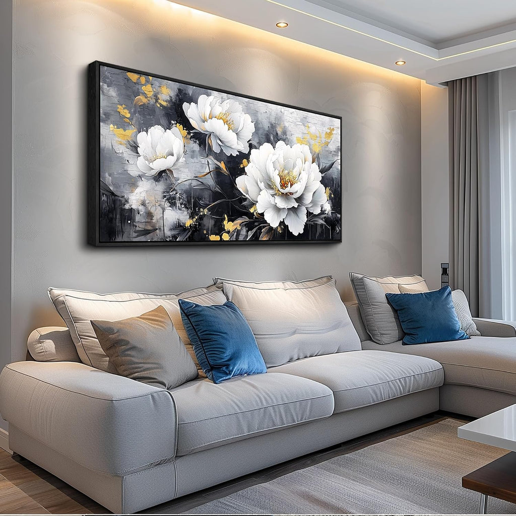 PHAOHUAXM Large Canvas Black Framed Wall Art Decor For Living Room Bedroom Abstract Painting Ink-Wash White Flowers With Home Dining Room Decorations Prints Posters Modern Room Home Decor 24'X48'