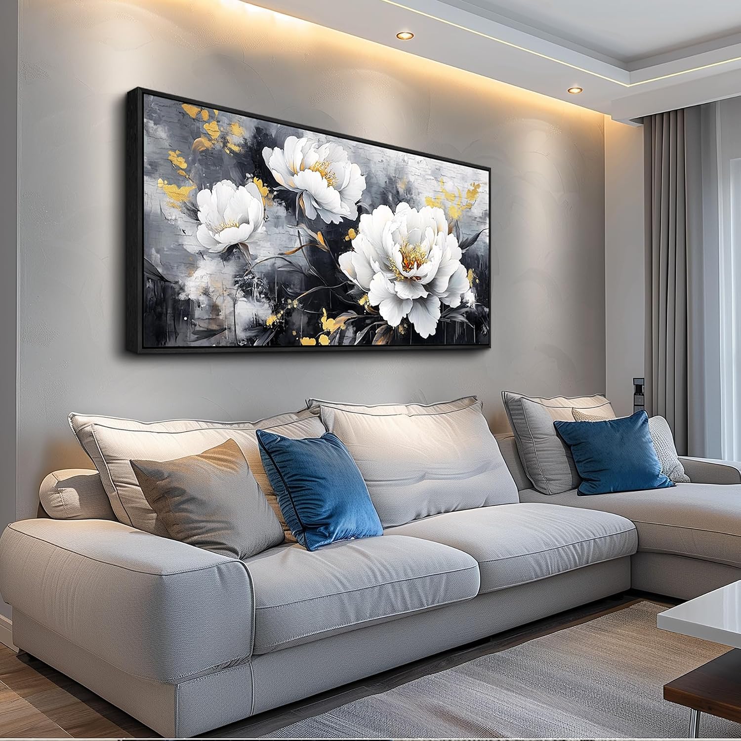 PHAOHUAXM Large Canvas Black Framed Wall Art Decor For Living Room Bedroom Abstract Painting Ink-Wash White Flowers With Home Dining Room Decorations Prints Posters Modern Room Home Decor 24'X48'