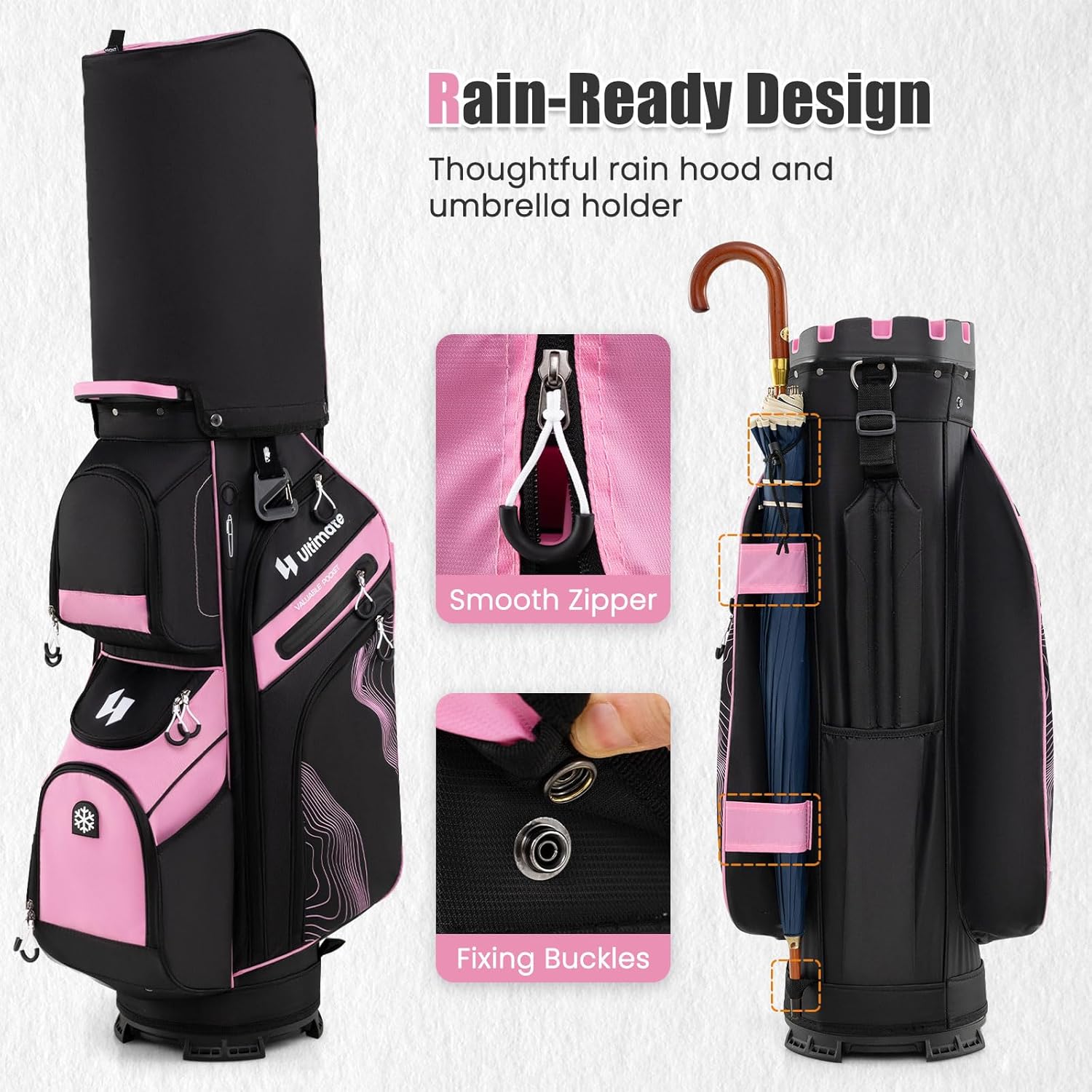 ULTIMATE 14-Way Golf Cart Bag, Golf Bag w/Molded Lock Top & Full Length Dividers, Portable Golf Club Bag w/11 Pockets, Cooler Bag, Padded Strap & Rain Hood for Men Women