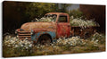 TIMUBA Spring Farmhouse Truck Wall Art, Country Landscape Barn Wall Decor Canvas, Vintage Red Truck Painting Artwork, Modern Rustic Wildflower Picture Poster for Home Living Room Decoration 60x30 Inch
